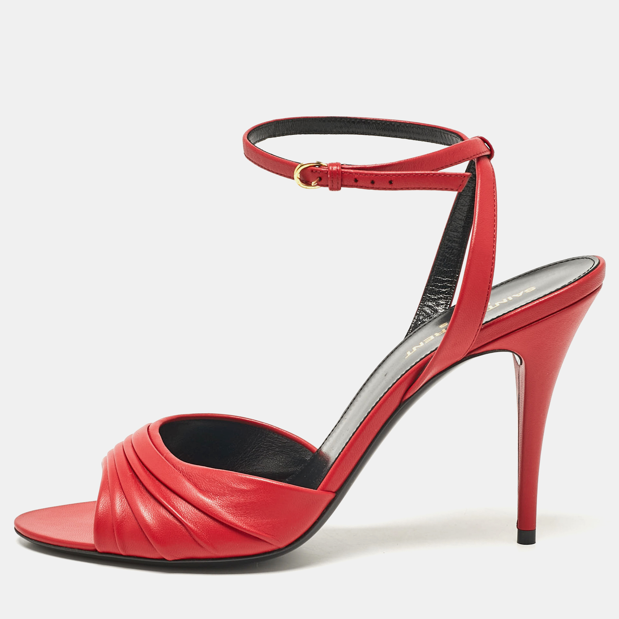 

Saint Laurent Red Ruched Leather Ankle Strap Sandals Size