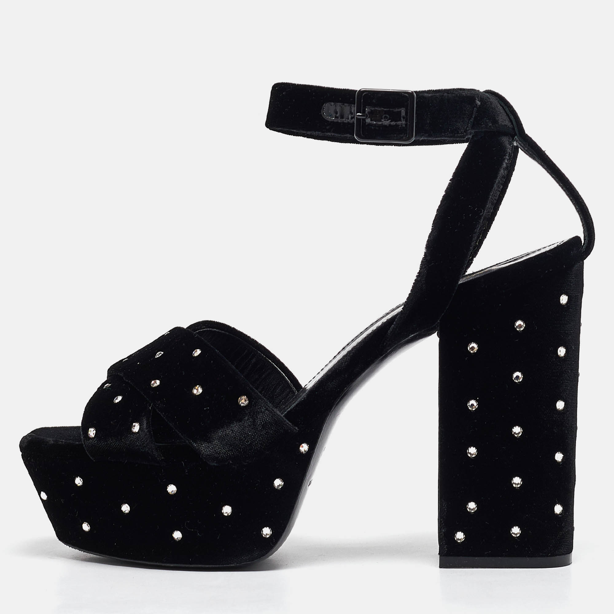 

Saint Laurent Black Velvet Farrah Platform Ankle Strap Sandals Size