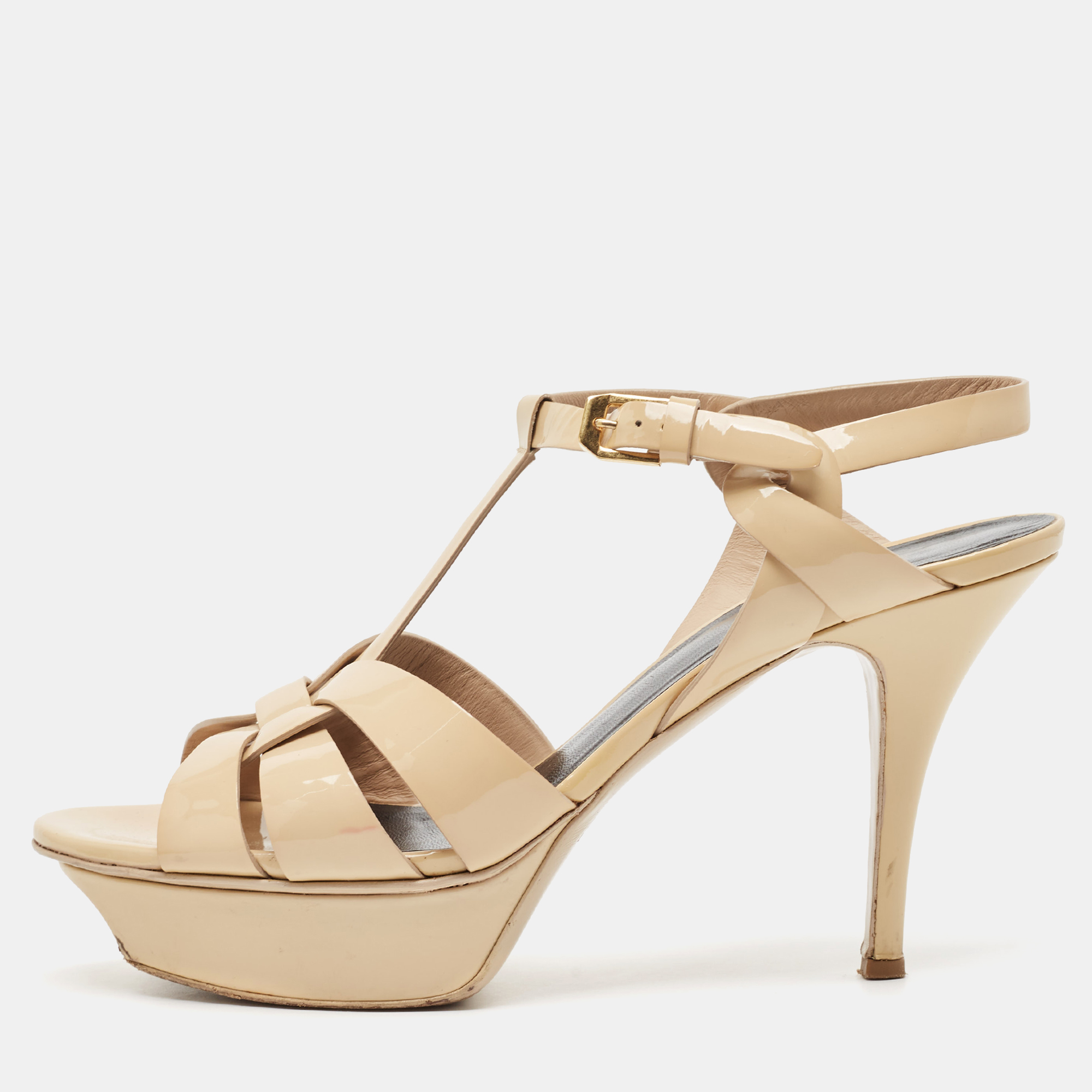 

Saint Laurent Beige Patent Leather Tribute Platform Sandals Size