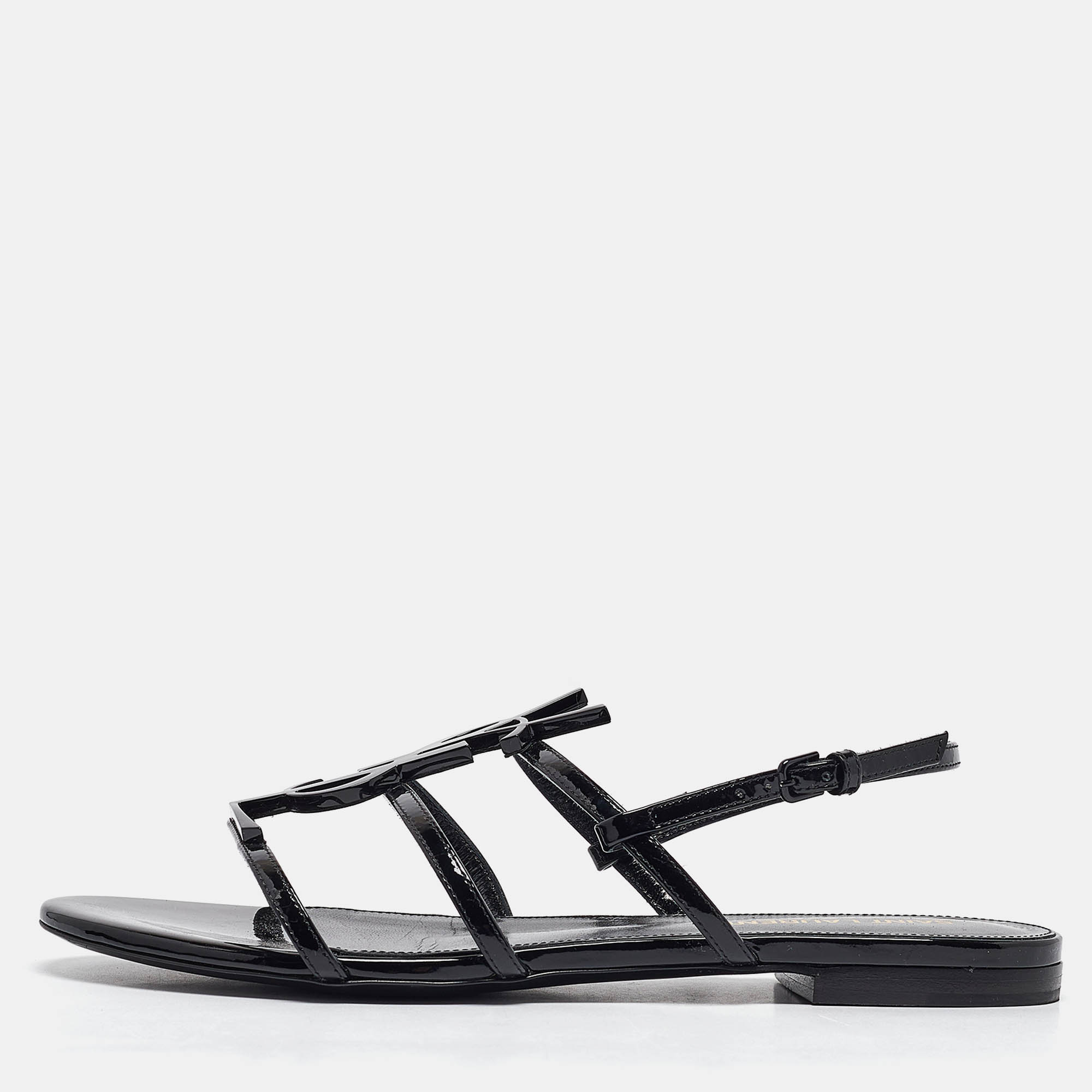 

Saint Laurent Black Patent Leather Cassandra Flat Sandals Size