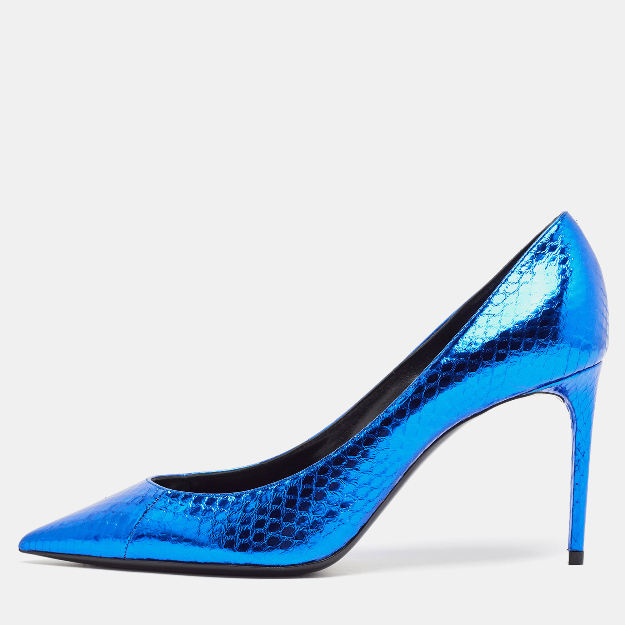 

Saint Laurent Metallic Blue Snakeskin Embossed Leather Pointed Toe Pumps Size