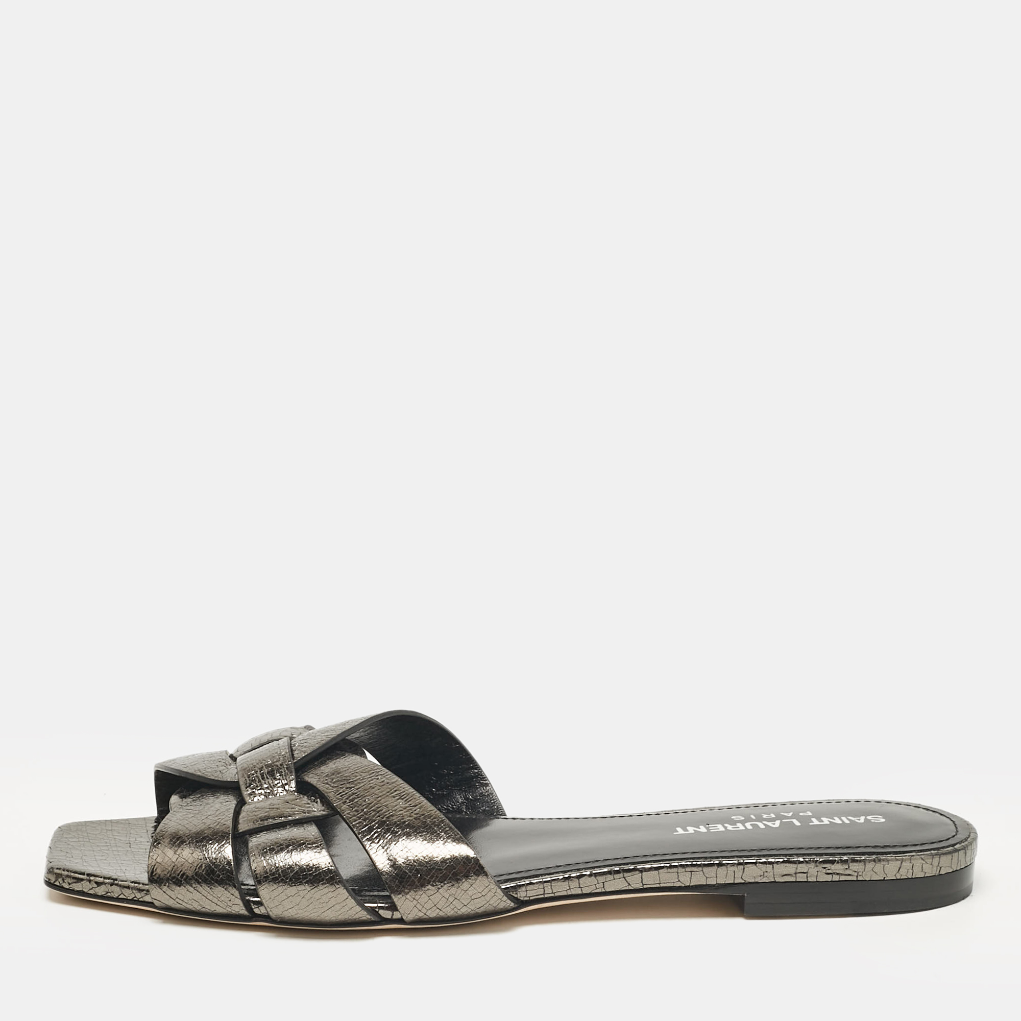 

Saint Laurent Metallic Leather Tribute Flat Sandals Size