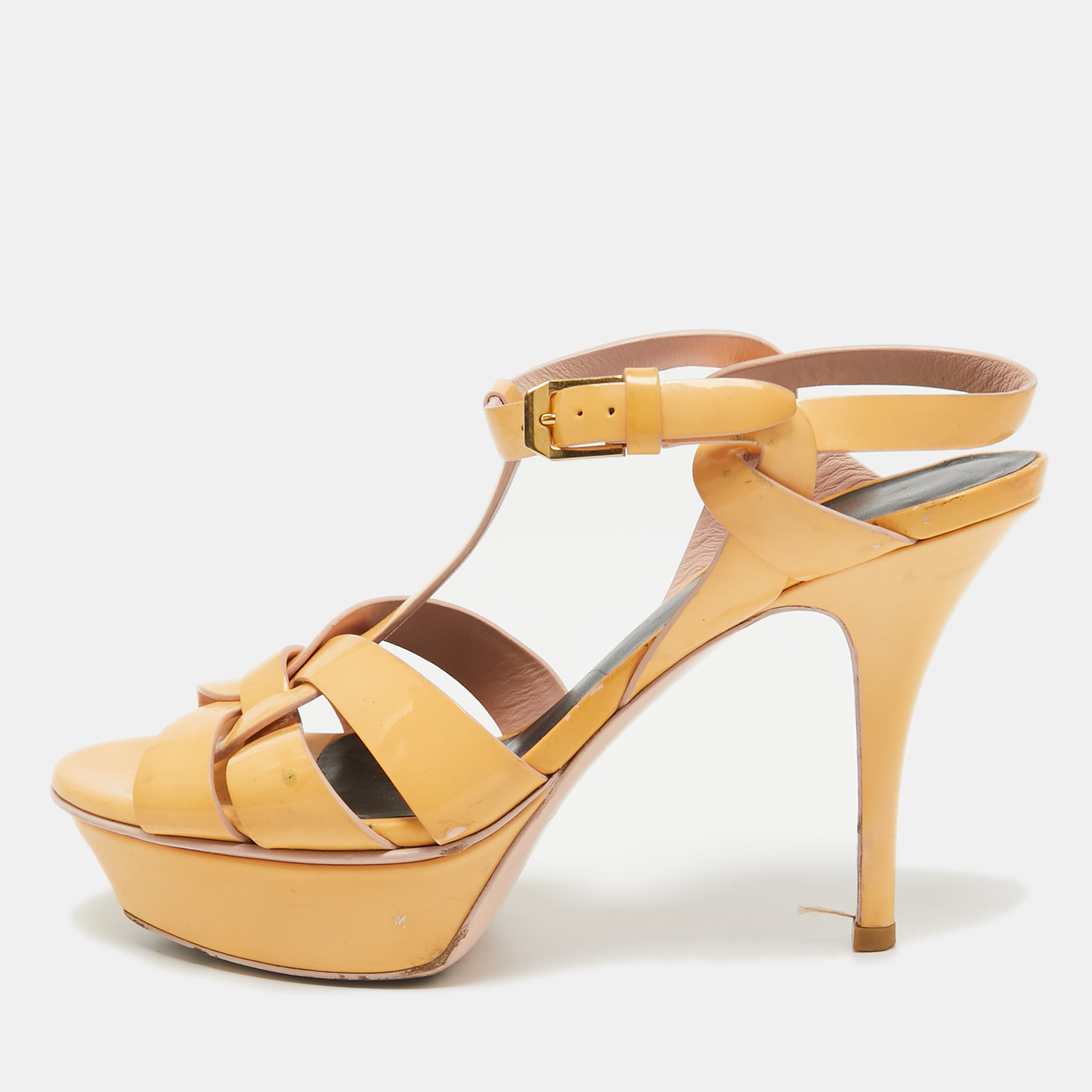 

Saint Laurent Beige Patent Leather Tribute Platform Sandals Size