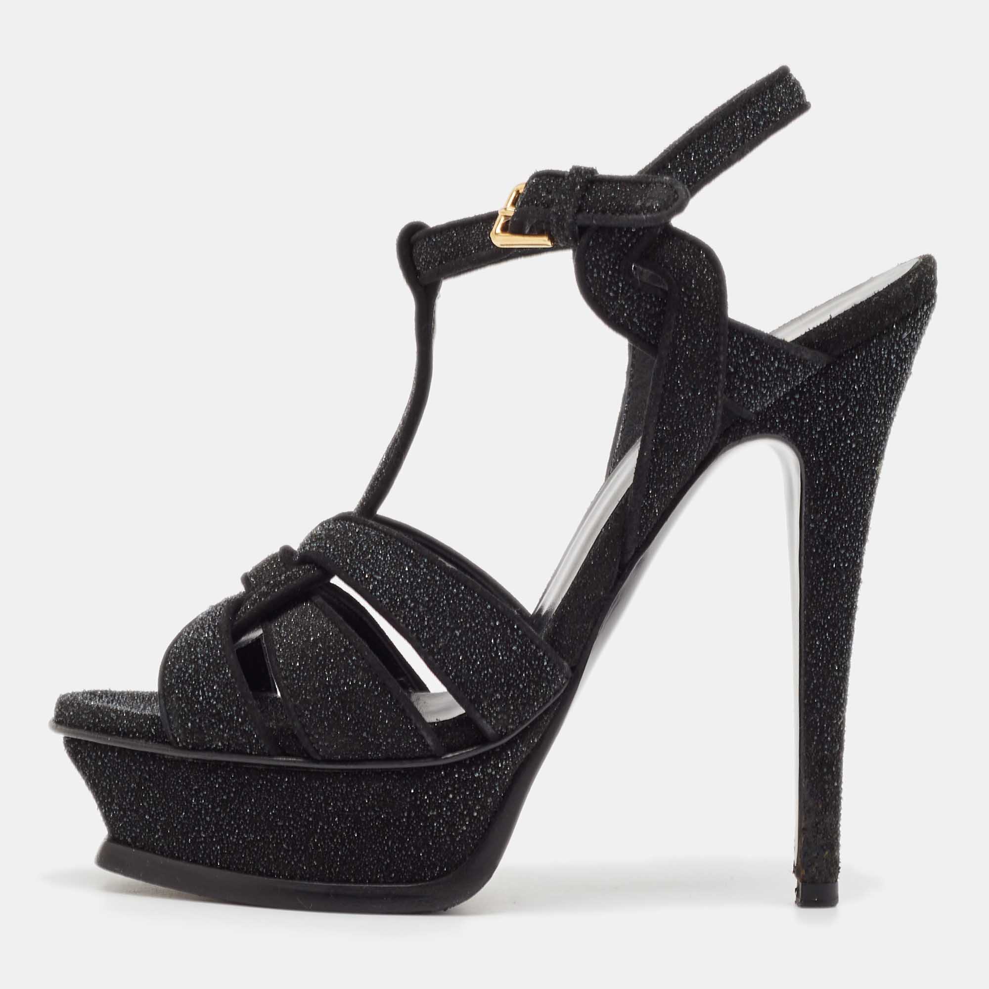 

Saint Laurent Black Glitter Suede Tribute Sandals Size