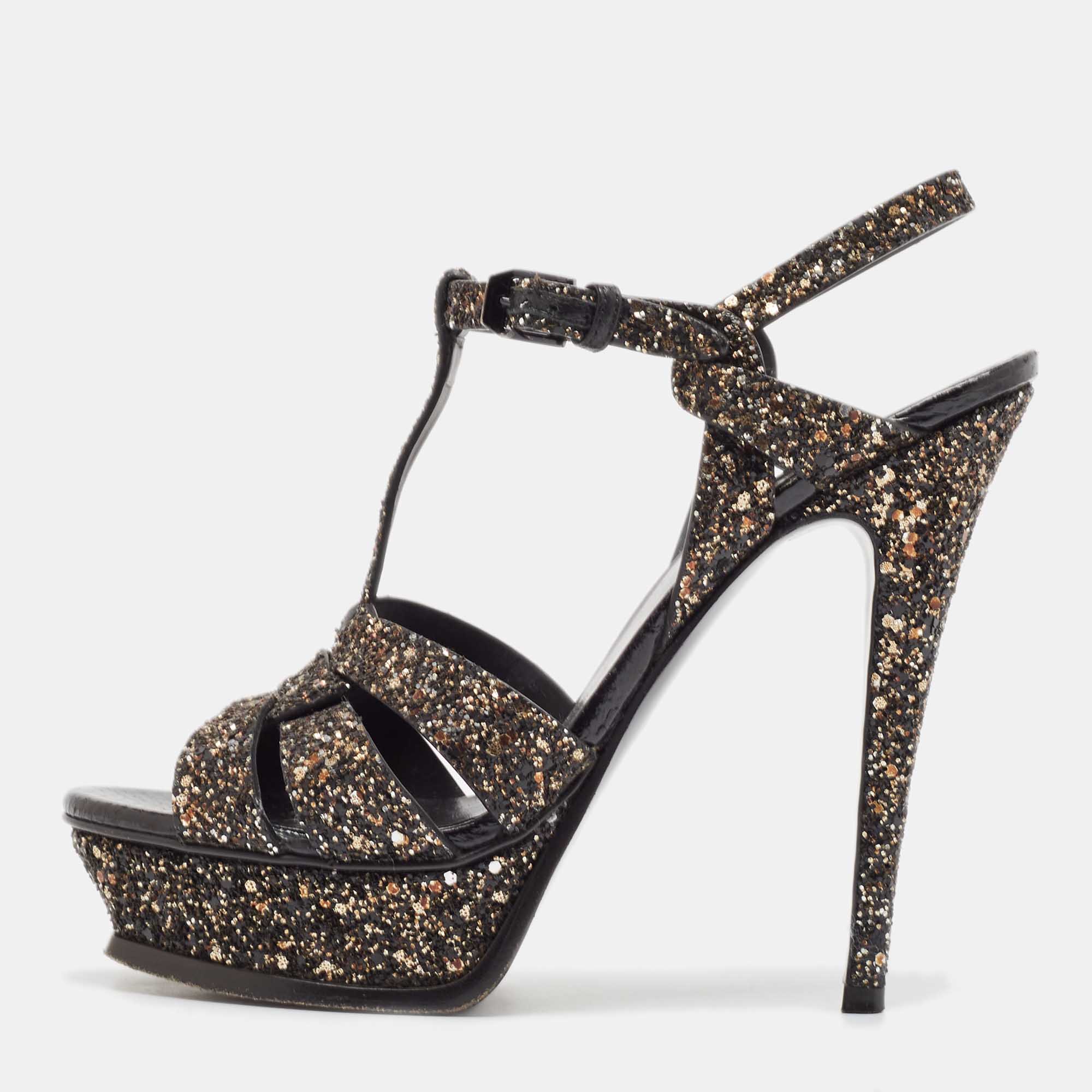 

Saint Laurent Black Glitter Tribute Platform Sandals Size