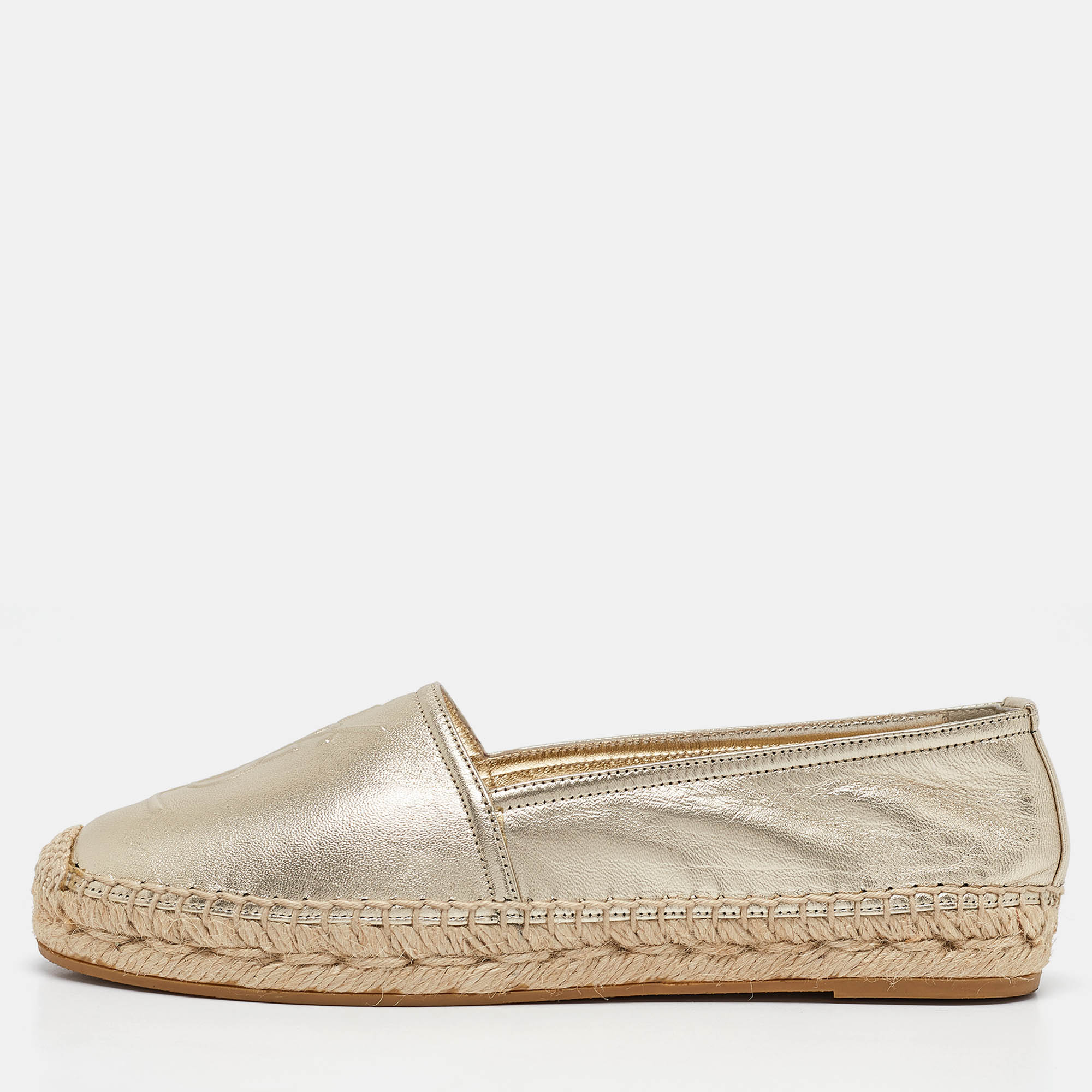 

Saint Laurent Gold Leather Cassandra Espadrille Flats Size