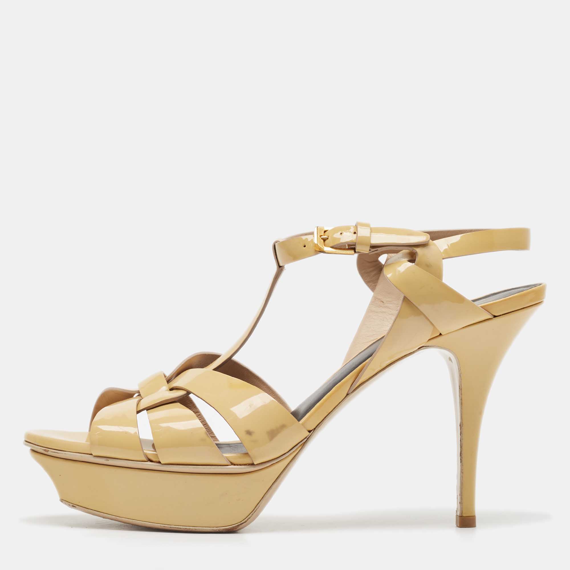 

Saint Laurent Paris Beige Patent Leather Tribute Platform Ankle Strap Sandals Size