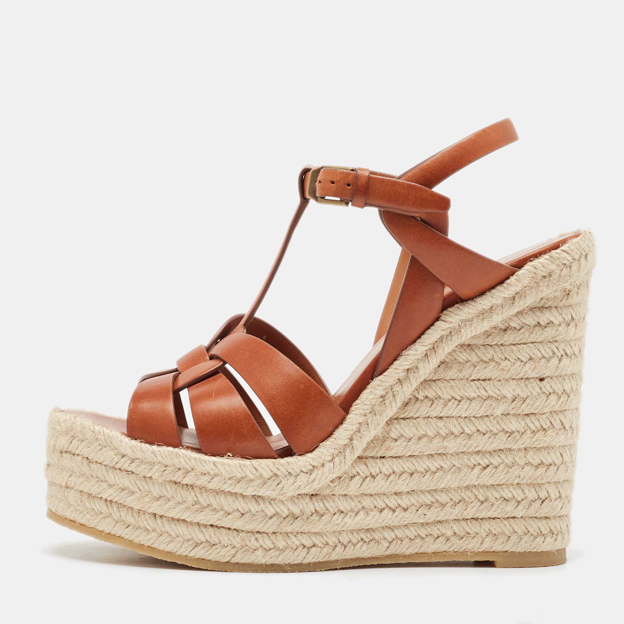 

Saint Laurent Tan Leather Tribute Wedge Espadrille Sandals Size