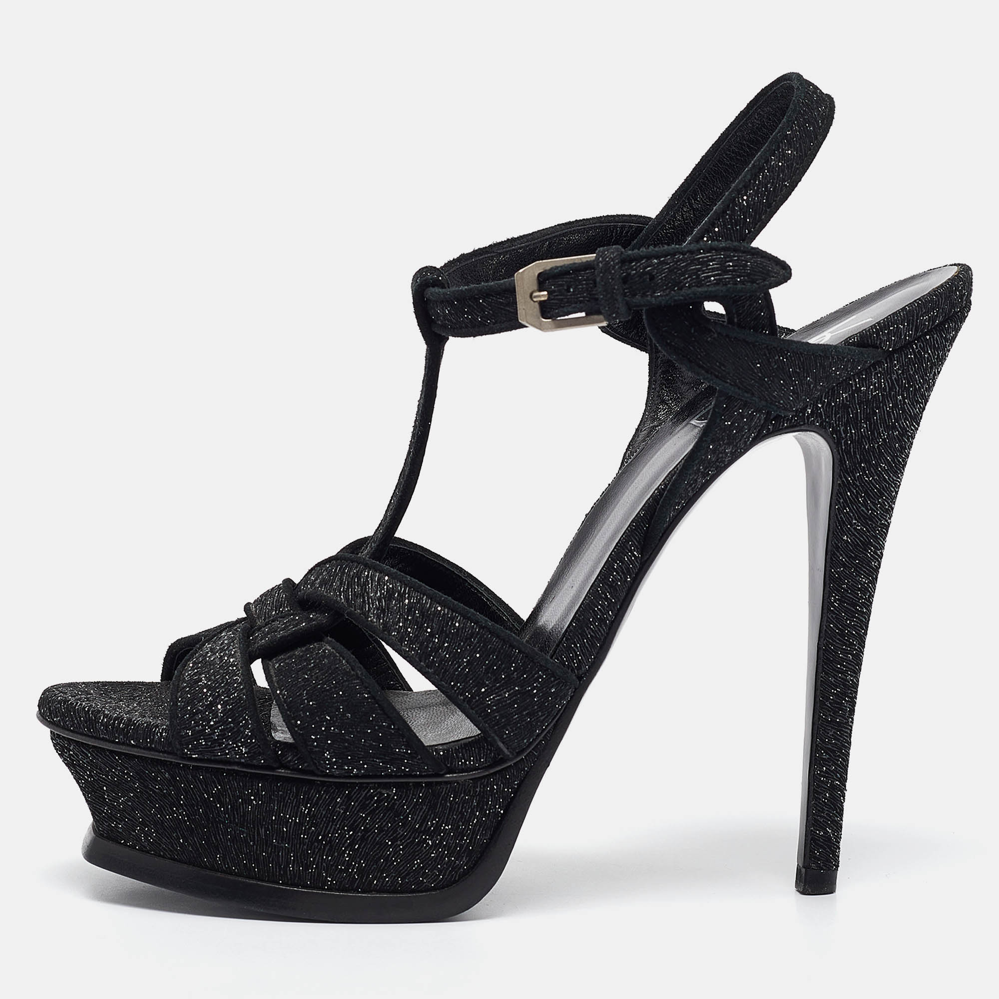 

Saint Laurent Black Textured Suede Tribute Platform Sandals Size