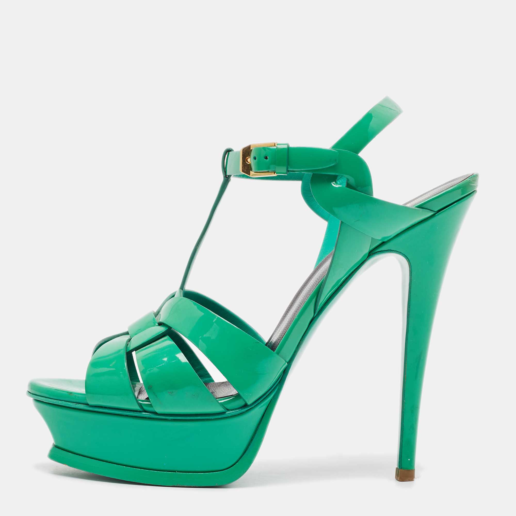 

Saint Laurent Green Patent Tribute Platform Sandals Size