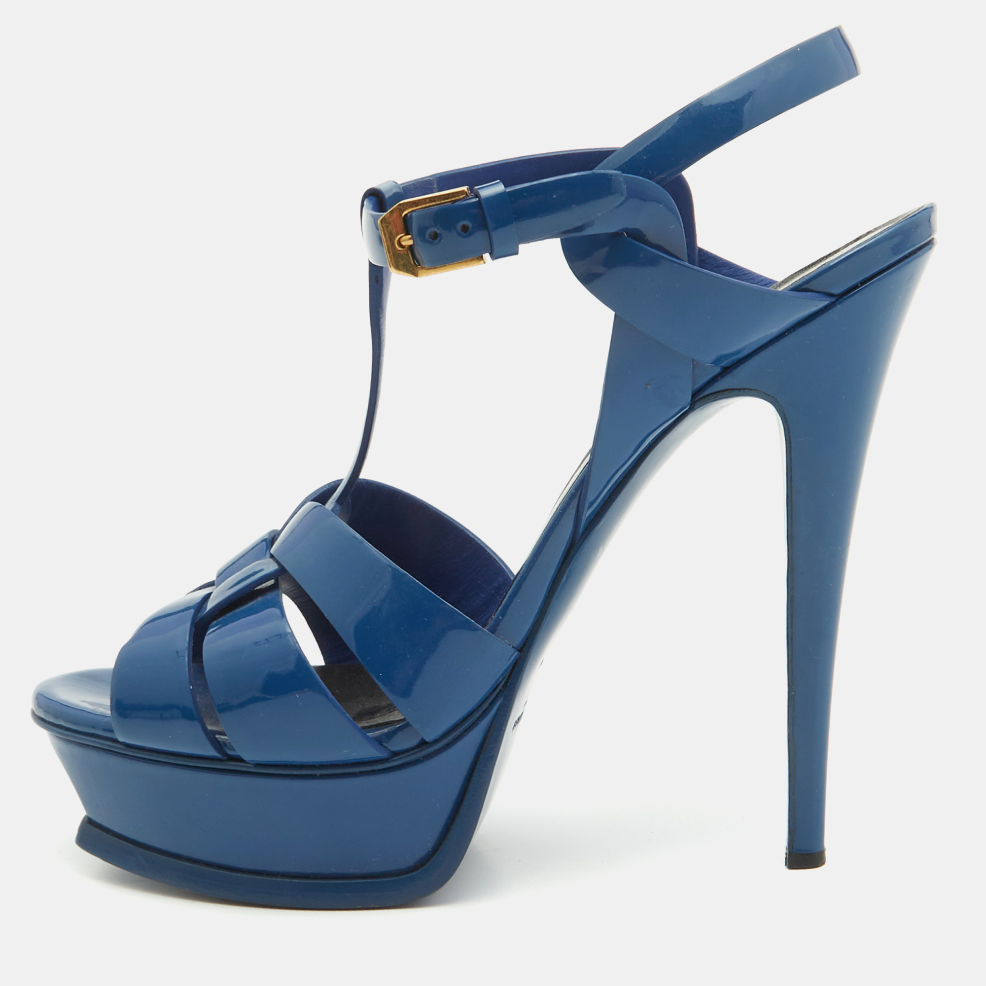 

Saint Laurent Blue Patent Leather Tribute Platform Sandals Size