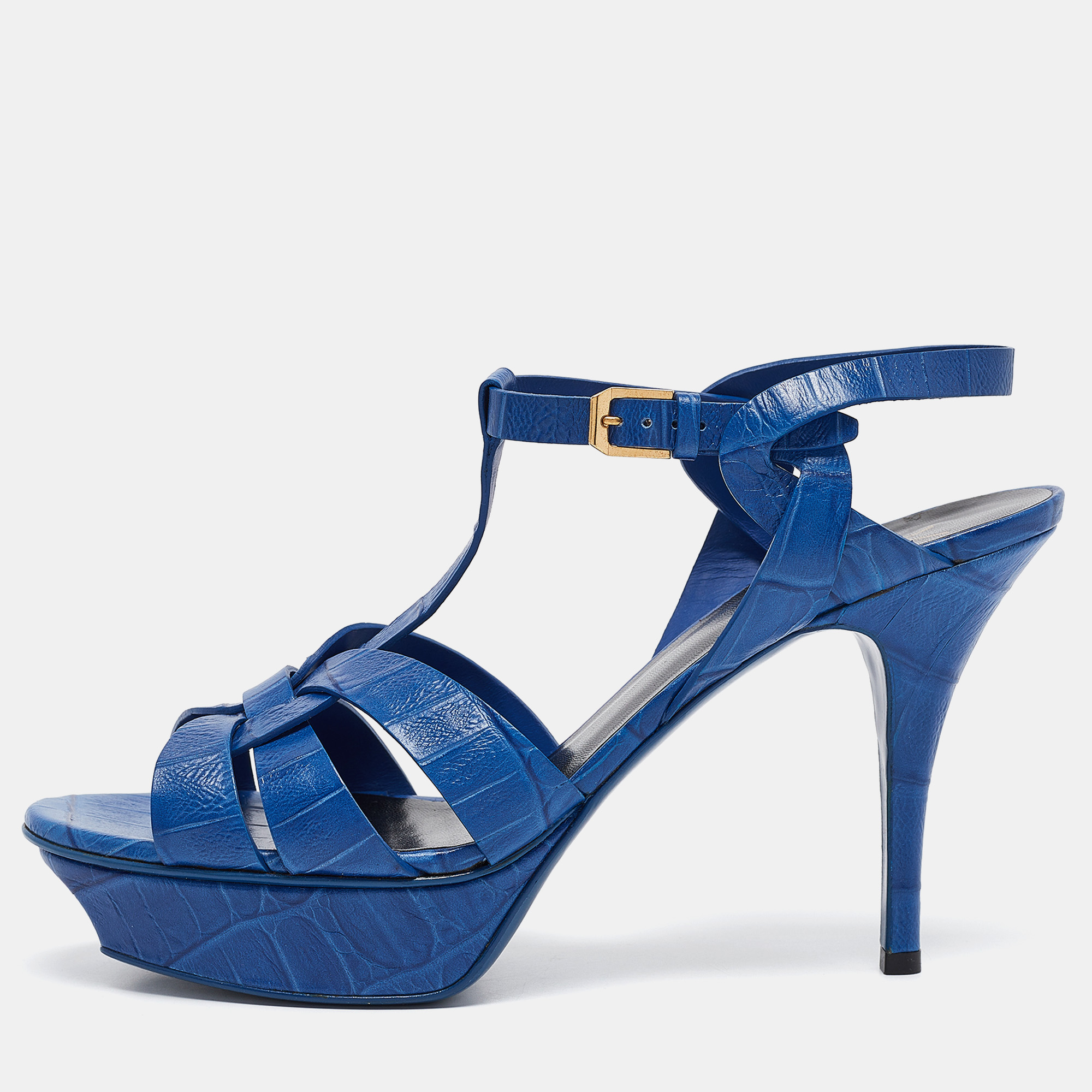 

Saint Laurent Blue Croc Embossed Leather Tribute Ankle Strap Sandals Size