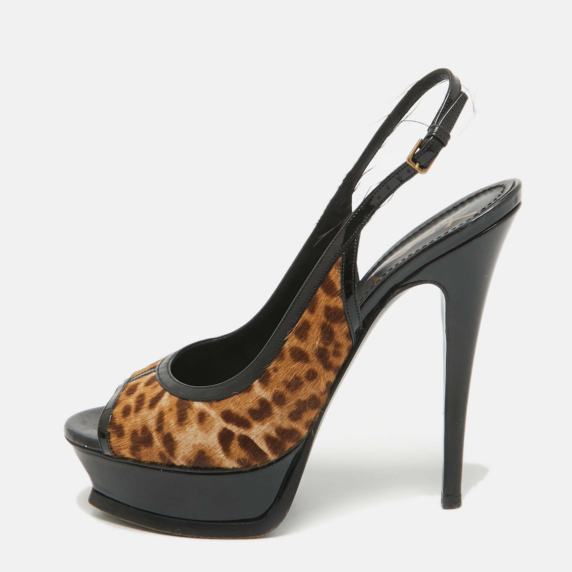 

Saint Laurent Black/Brown Calf Hair and Patent Leather Peep Toe Pumps Size