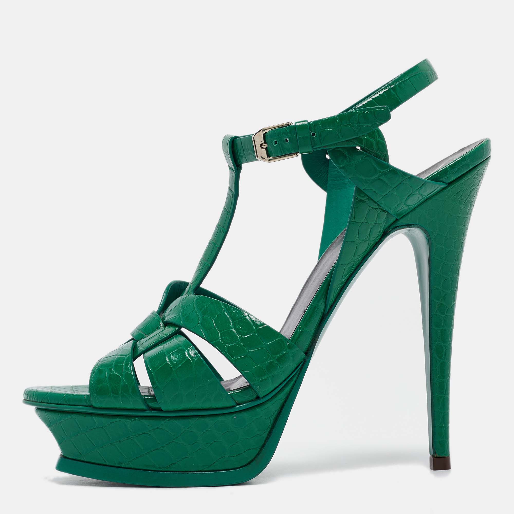 

Saint Laurent Green Embossed Croc Tribute Sandals Size