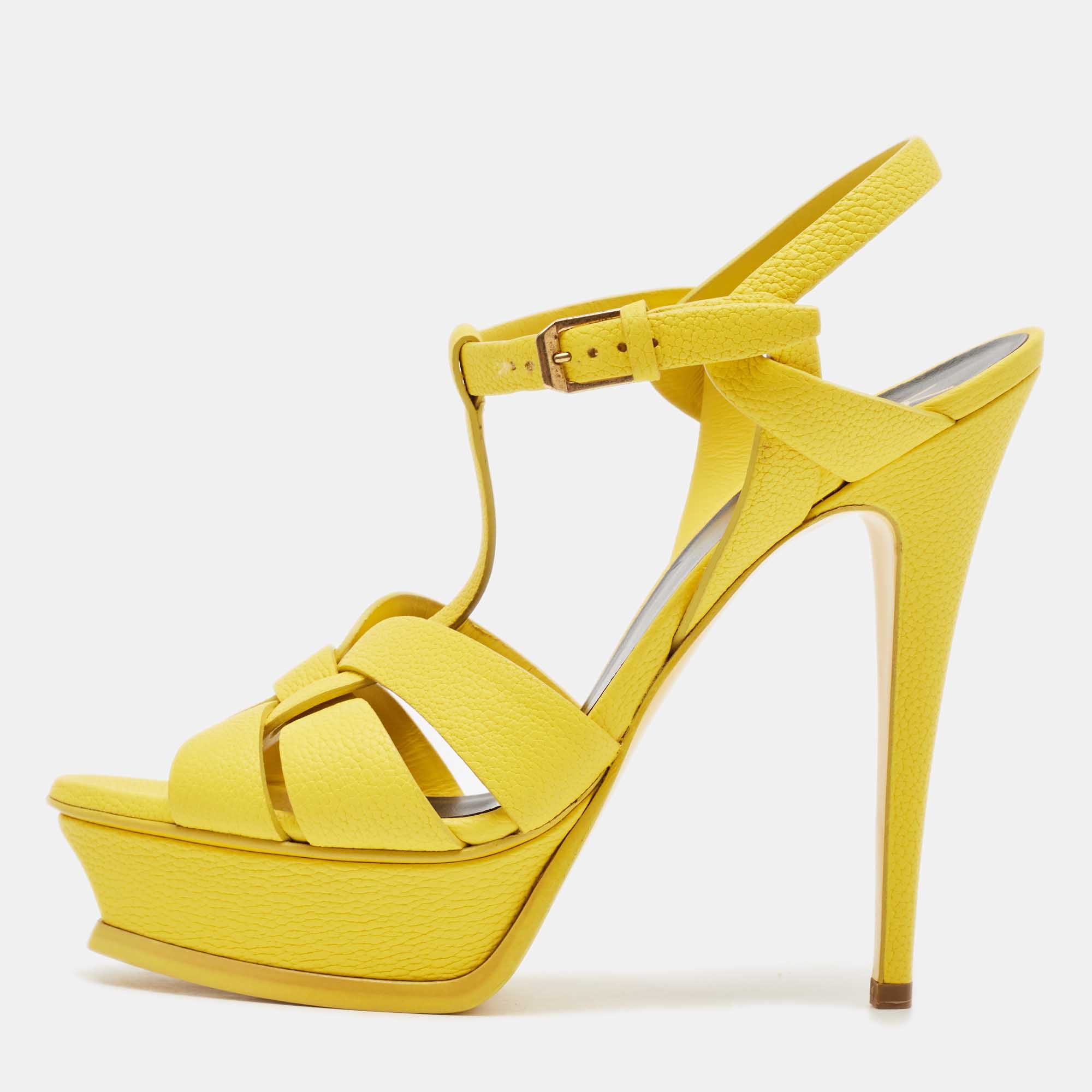 

Saint Laurent Yellow Leather Tribute Platform Sandals Size