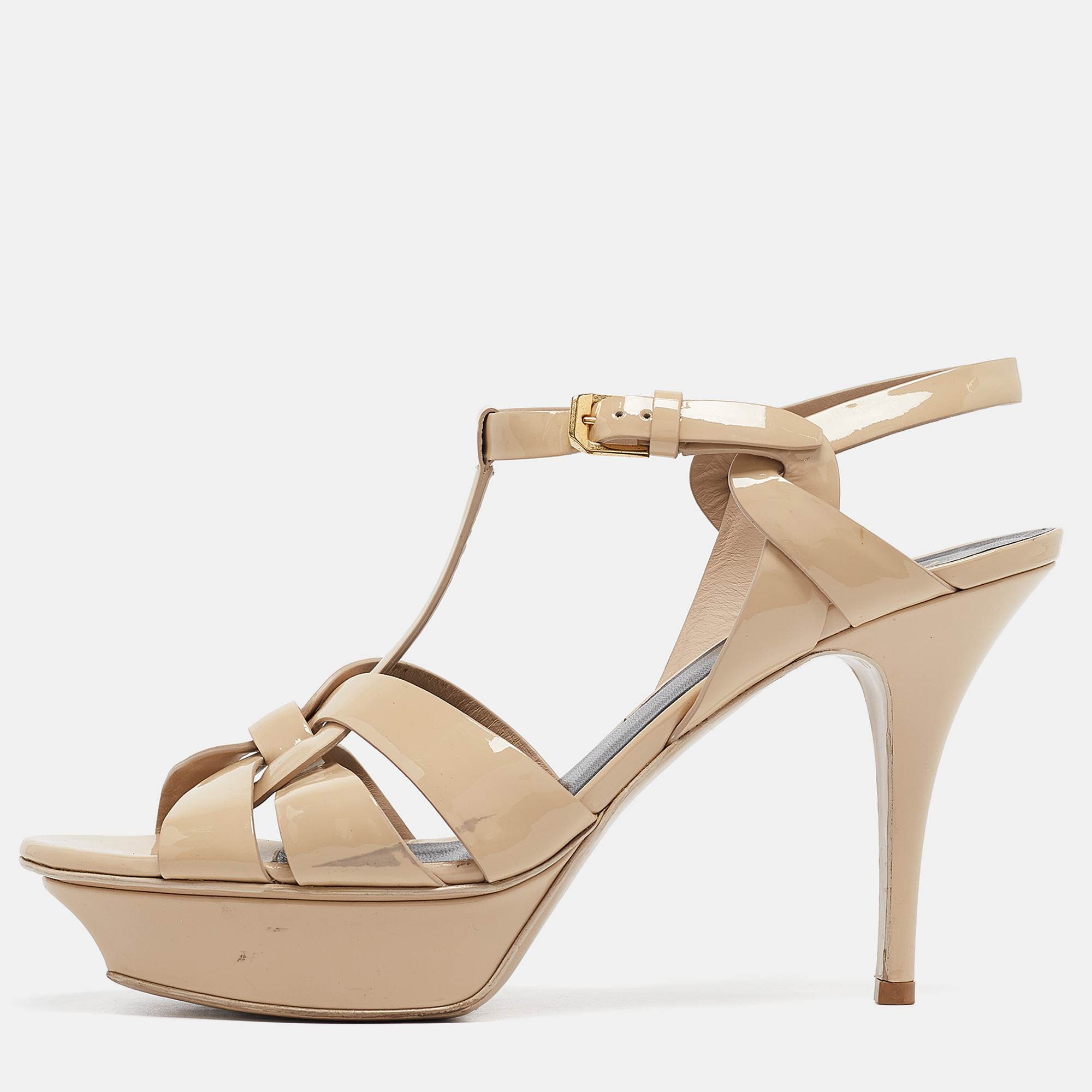 

Saint Laurent Cream Patent Leather Tribute Platform Sandals Size