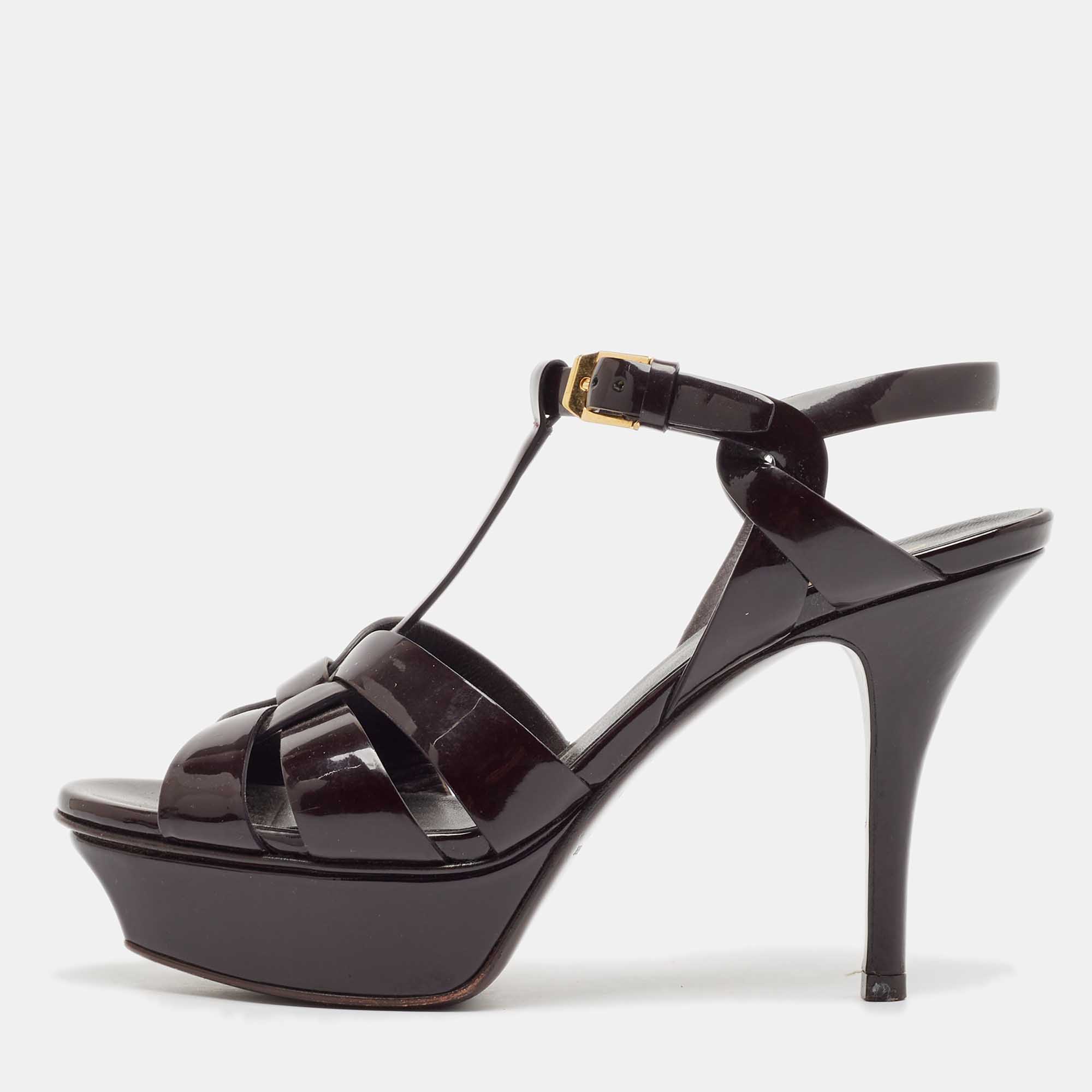 

Saint Laurent Dark Brown Patent Leather Tribute Platform Sandals Size