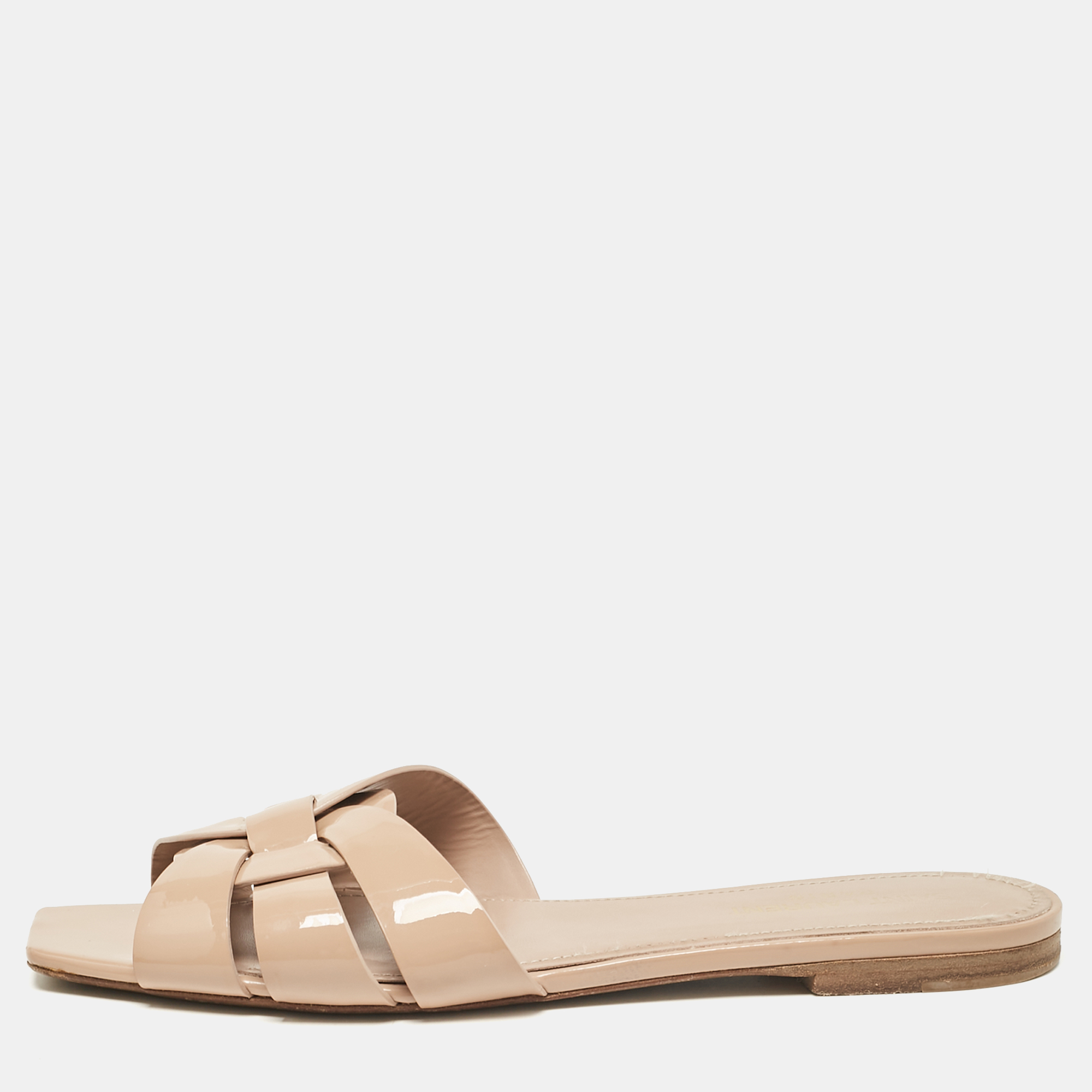 

Saint Laurent Beige Patent Leather Tribute Flat Slides Size