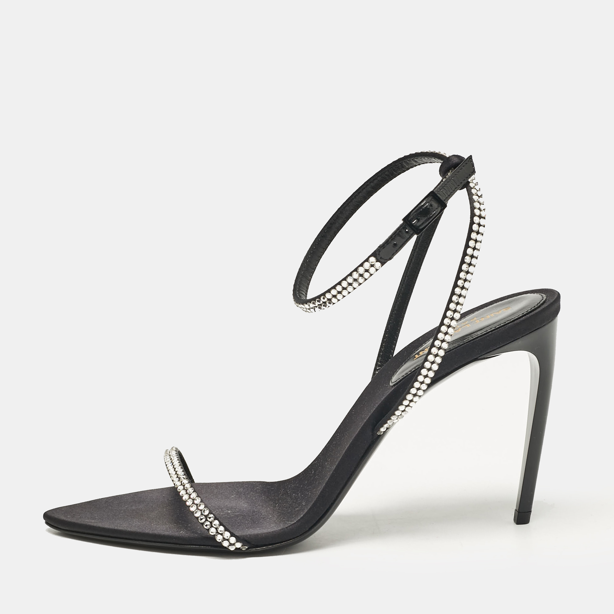 

Saint Laurent Black Satin Crystal Embellished Ankle Strap Sandals Size