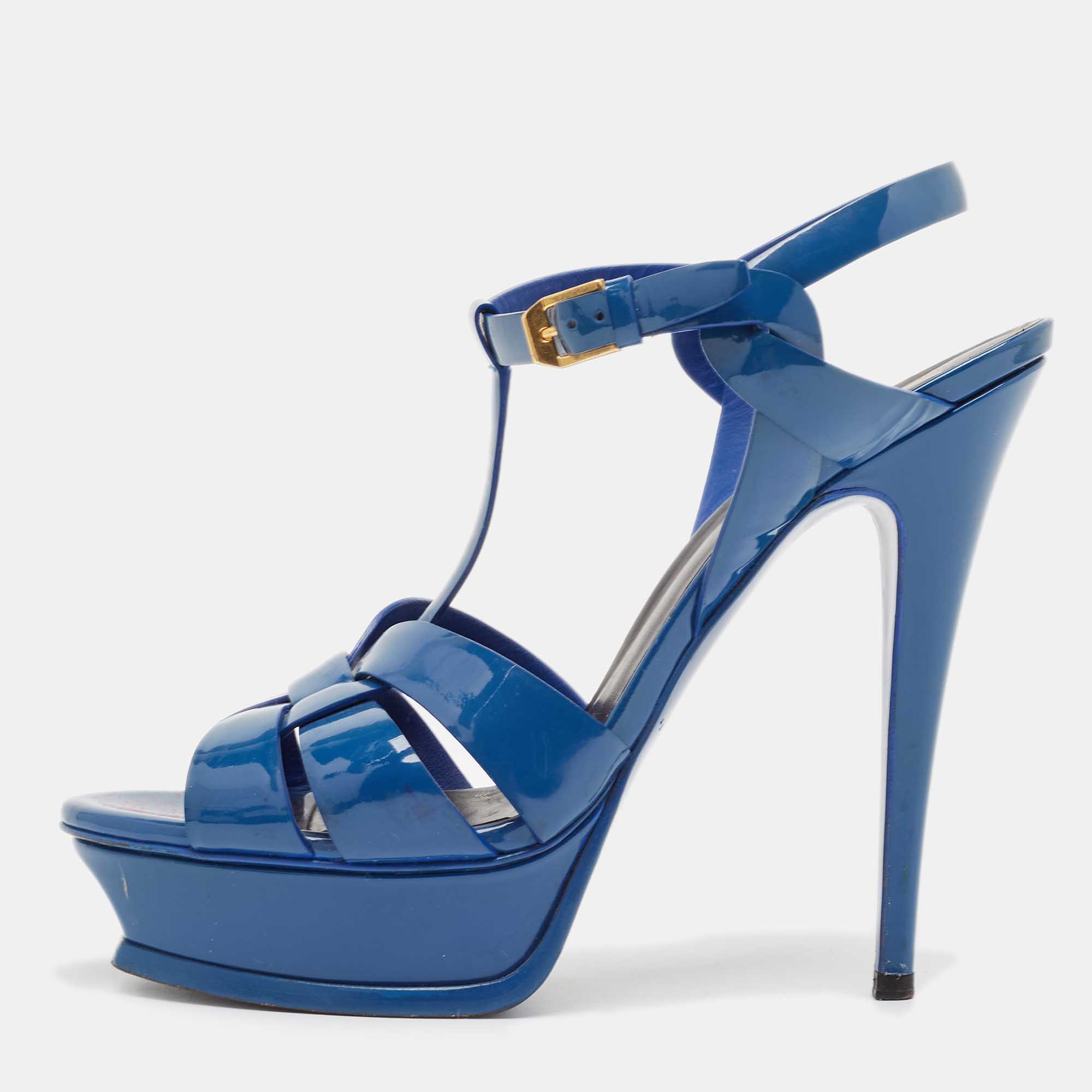 

Saint Laurent Blue Patent Leather Tribute Platform Sandals Size