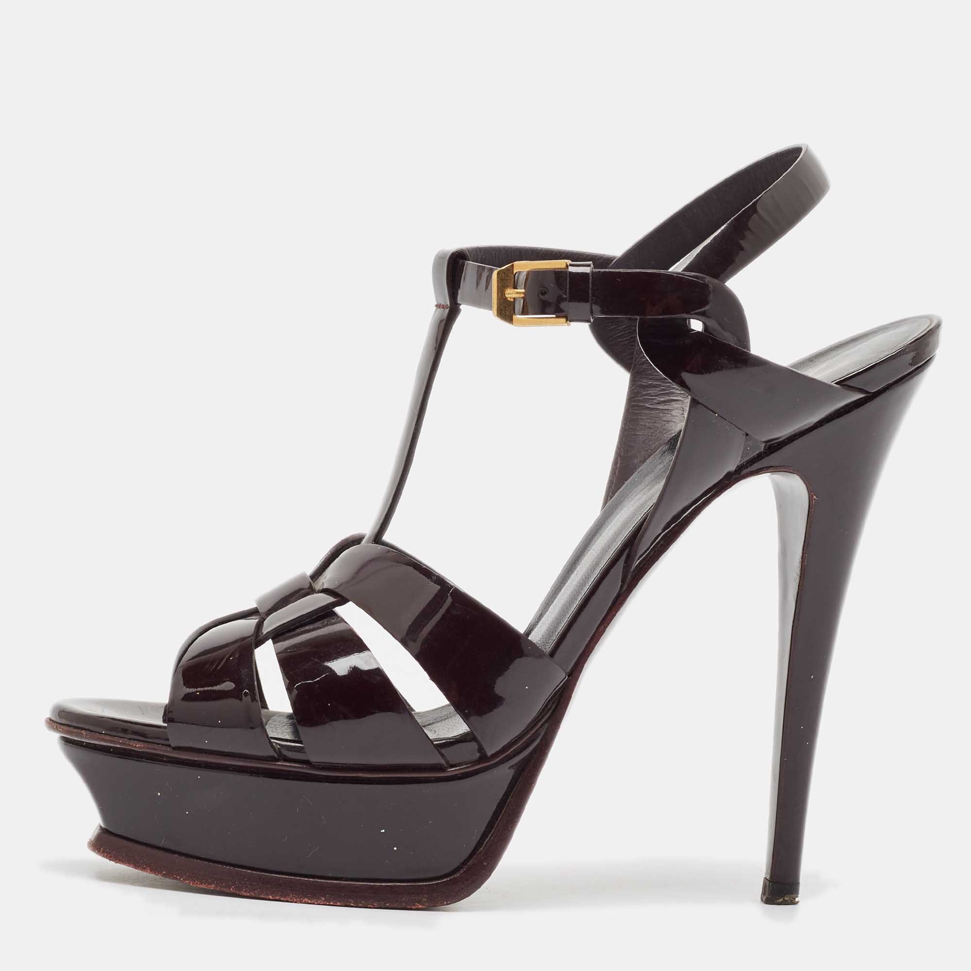 

Saint Laurent Dark Burgundy Patent Leather Tribute Platform Sandals Size