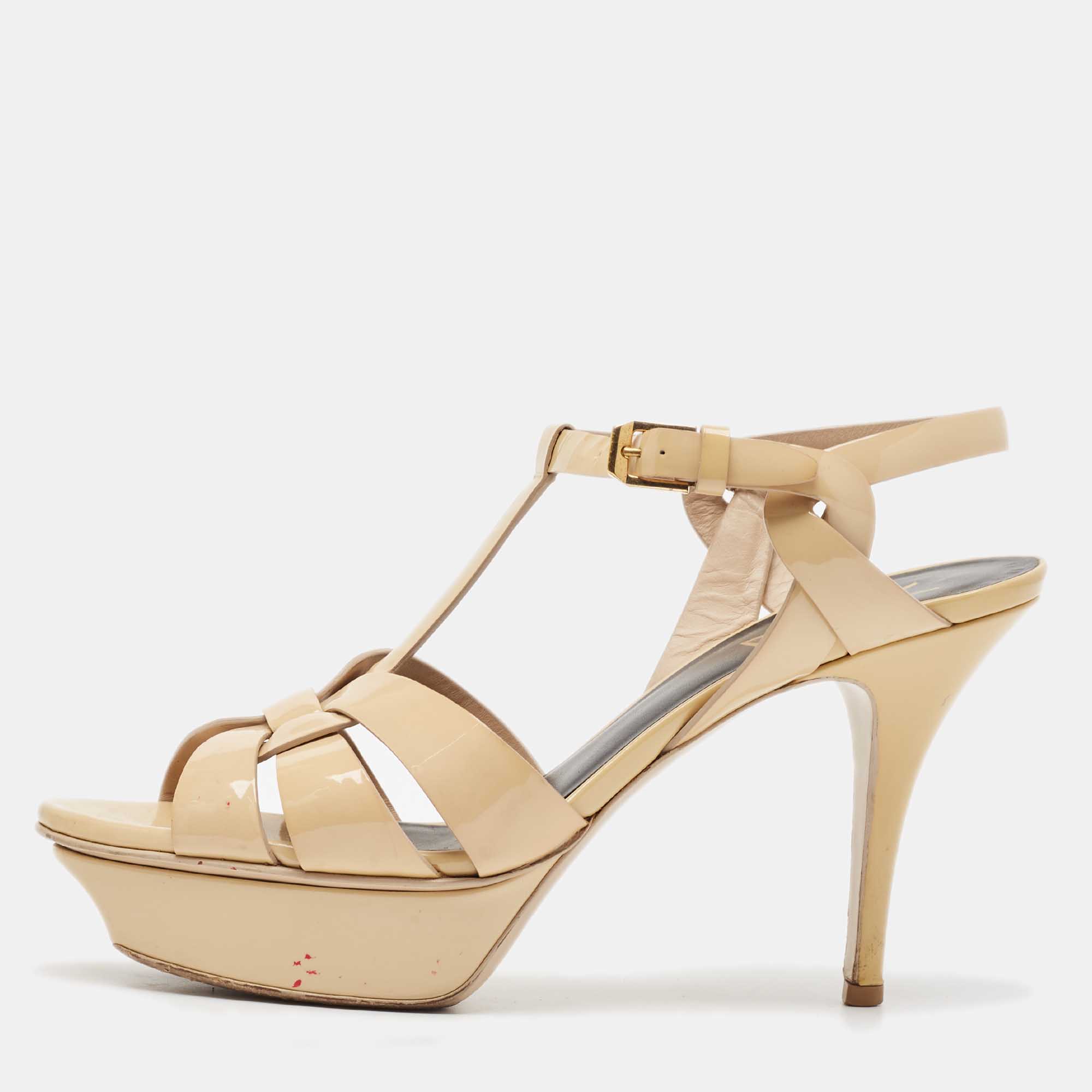 

Saint Laurent Beige Patent Leather Tribute Platform Sandals Size