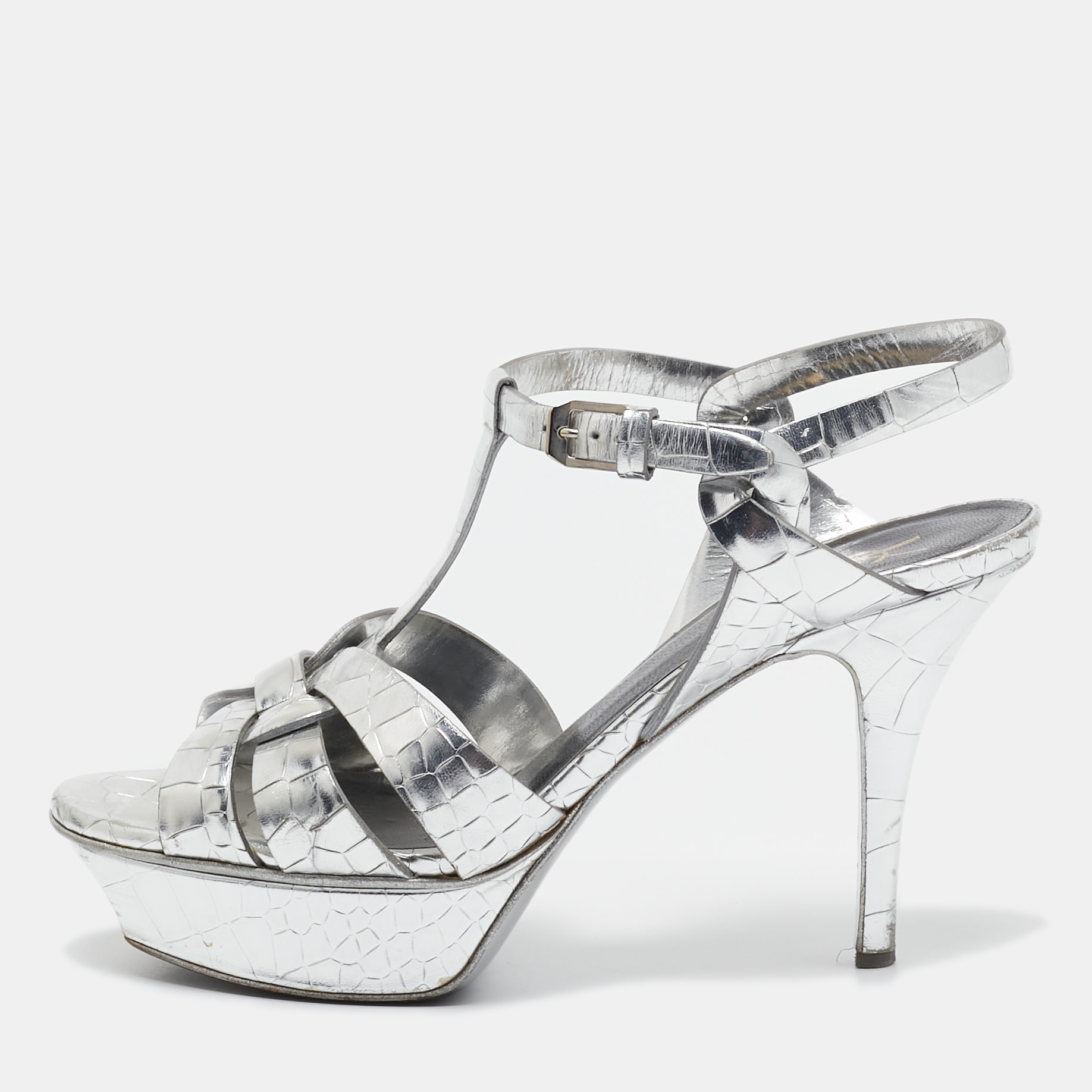 

Saint Laurent Sliver Croc Embossed Leather Tribute Platform Sandals Size, Silver