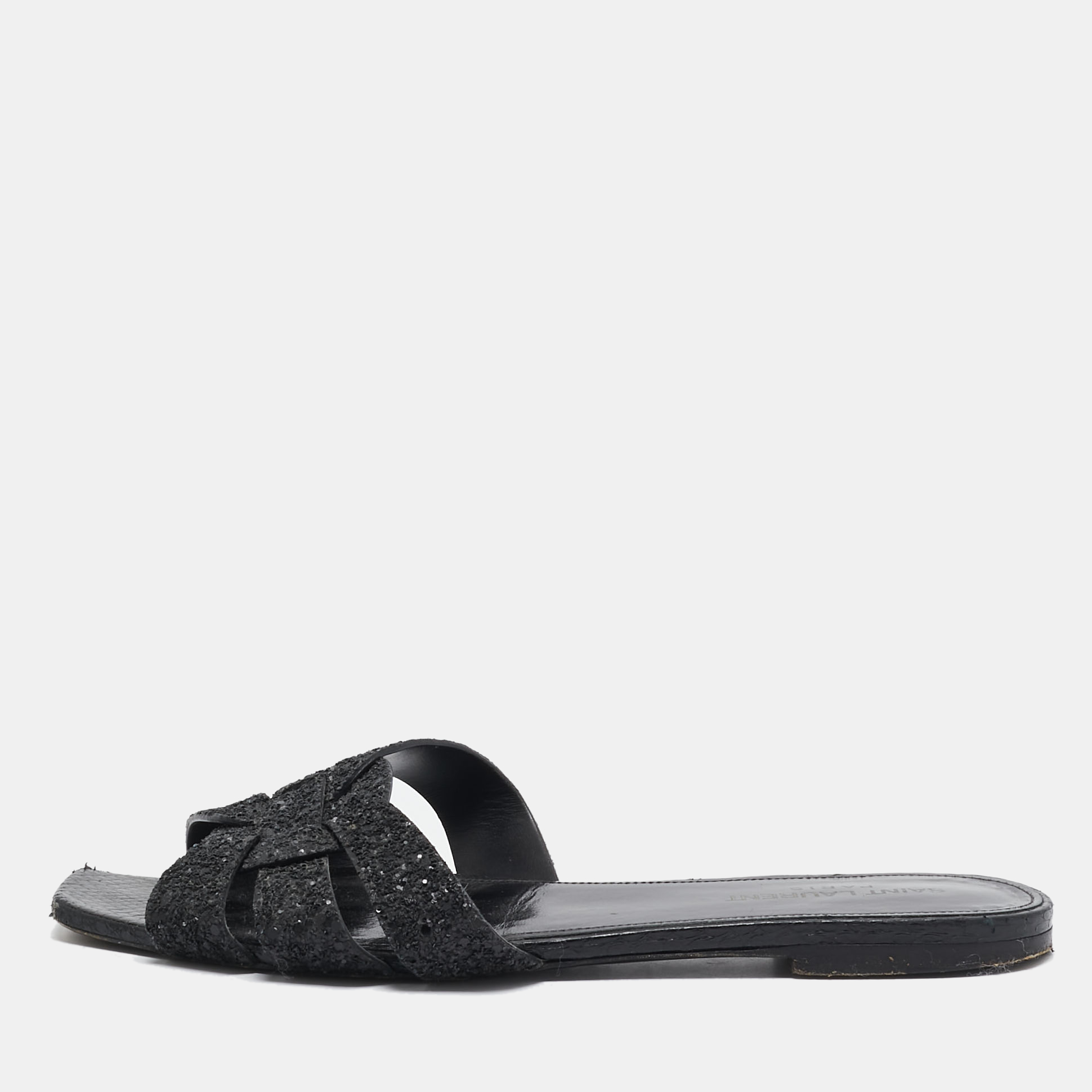 

Saint Laurent Black Glitter and Ayers Tribute Flat Slides Size