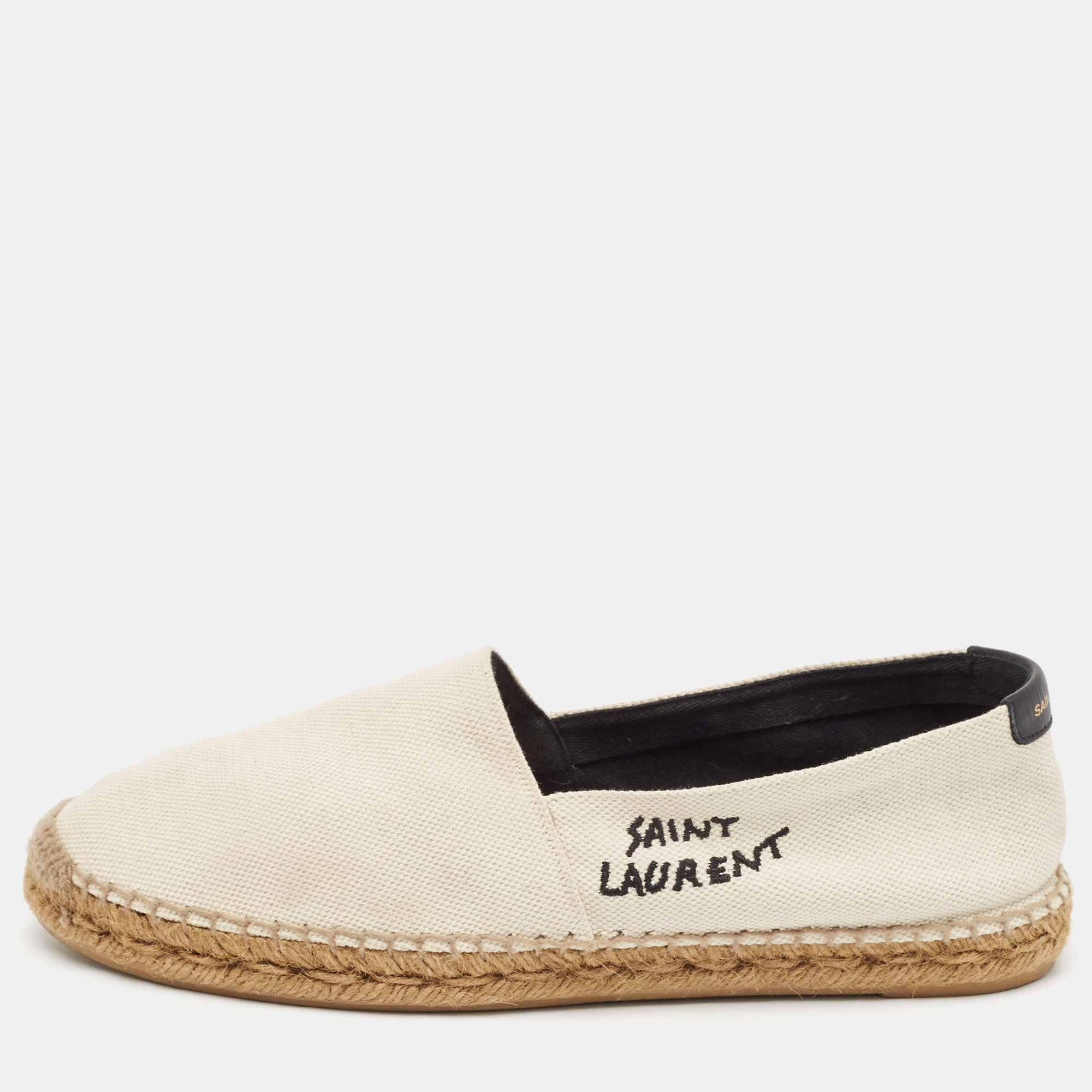 

Saint Laurent Off White Canvas Embroidered Logo Espadrille Flats Size