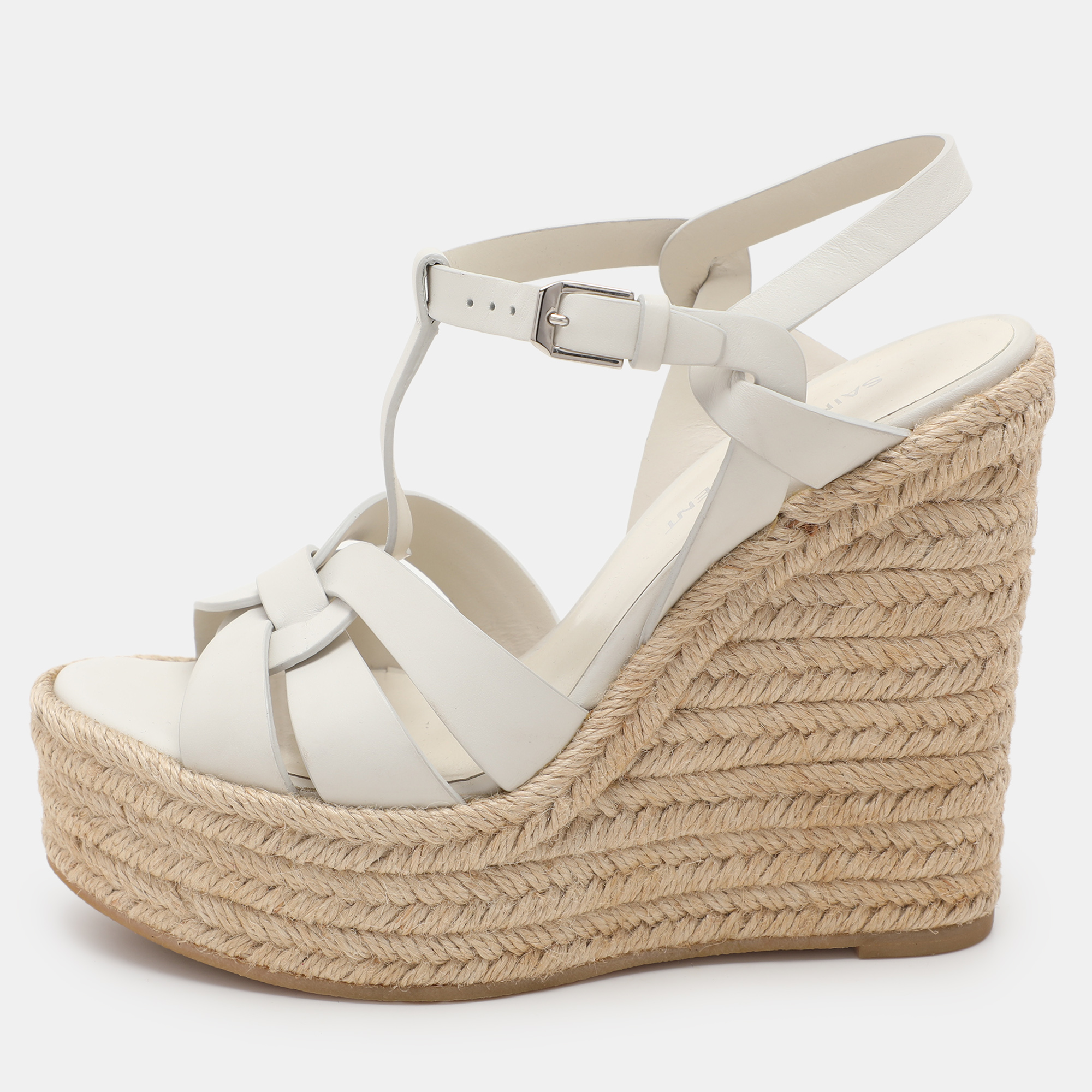 

Saint Laurent White Leather Tribute Wedge Espadrille Sandals Size