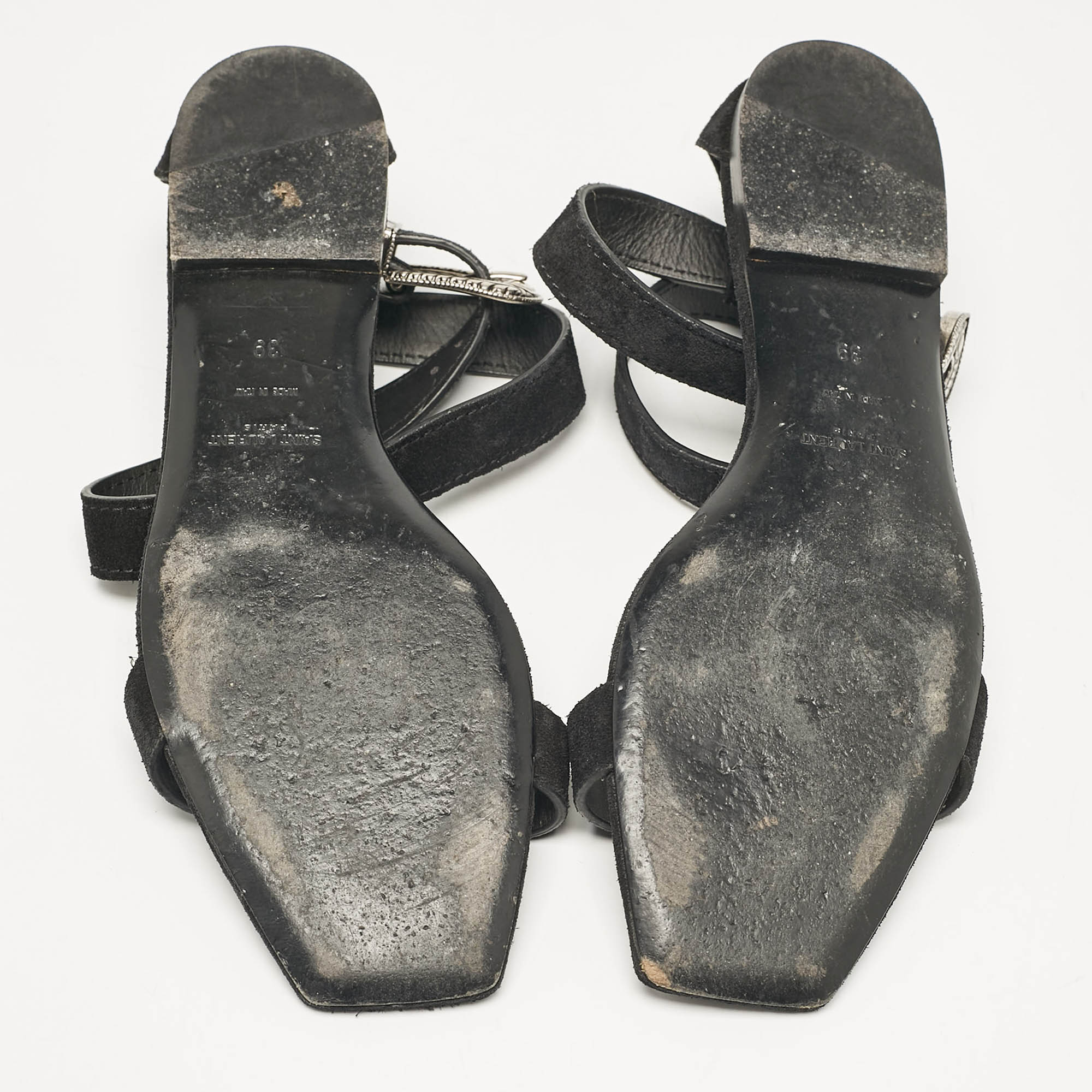 Saint Laurent Black Suede Ankle Strap Flat Sandals Size 39 