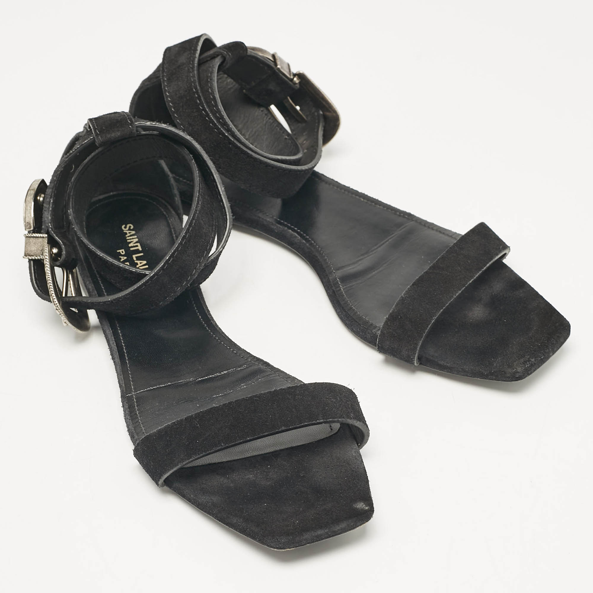 Saint Laurent Black Suede Ankle Strap Flat Sandals Size 39 