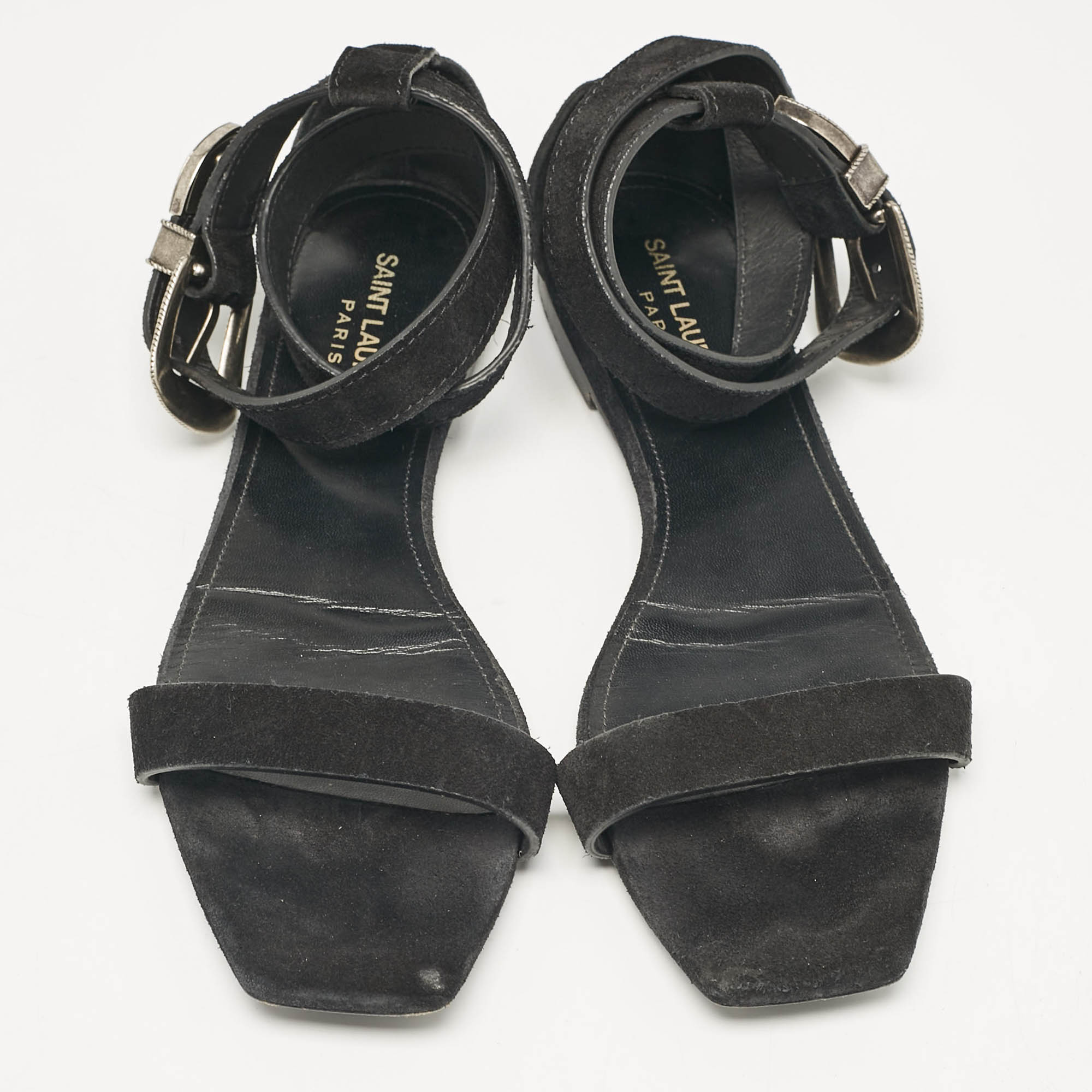 Saint Laurent Black Suede Ankle Strap Flat Sandals Size 39 
