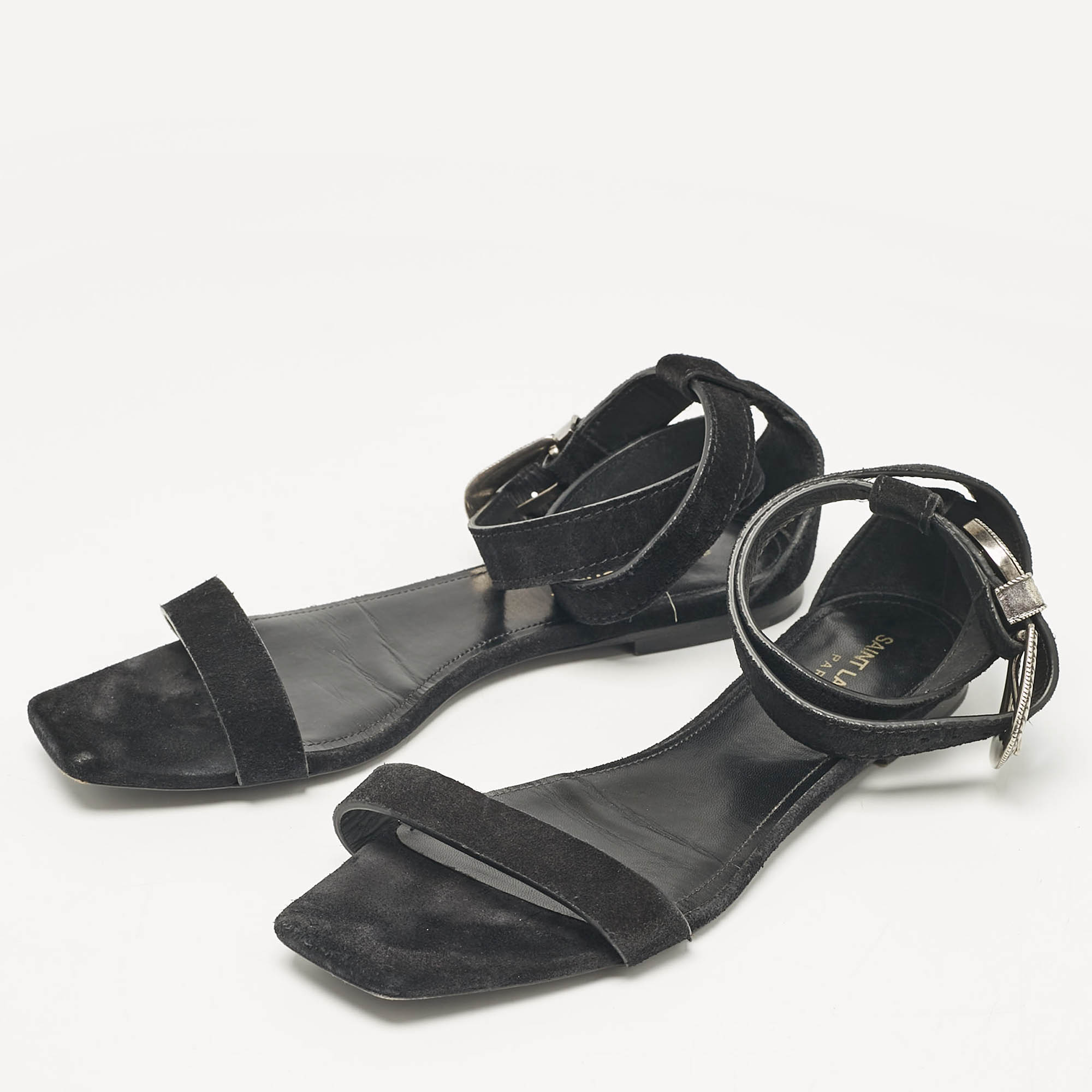 Saint Laurent Black Suede Ankle Strap Flat Sandals Size 39 