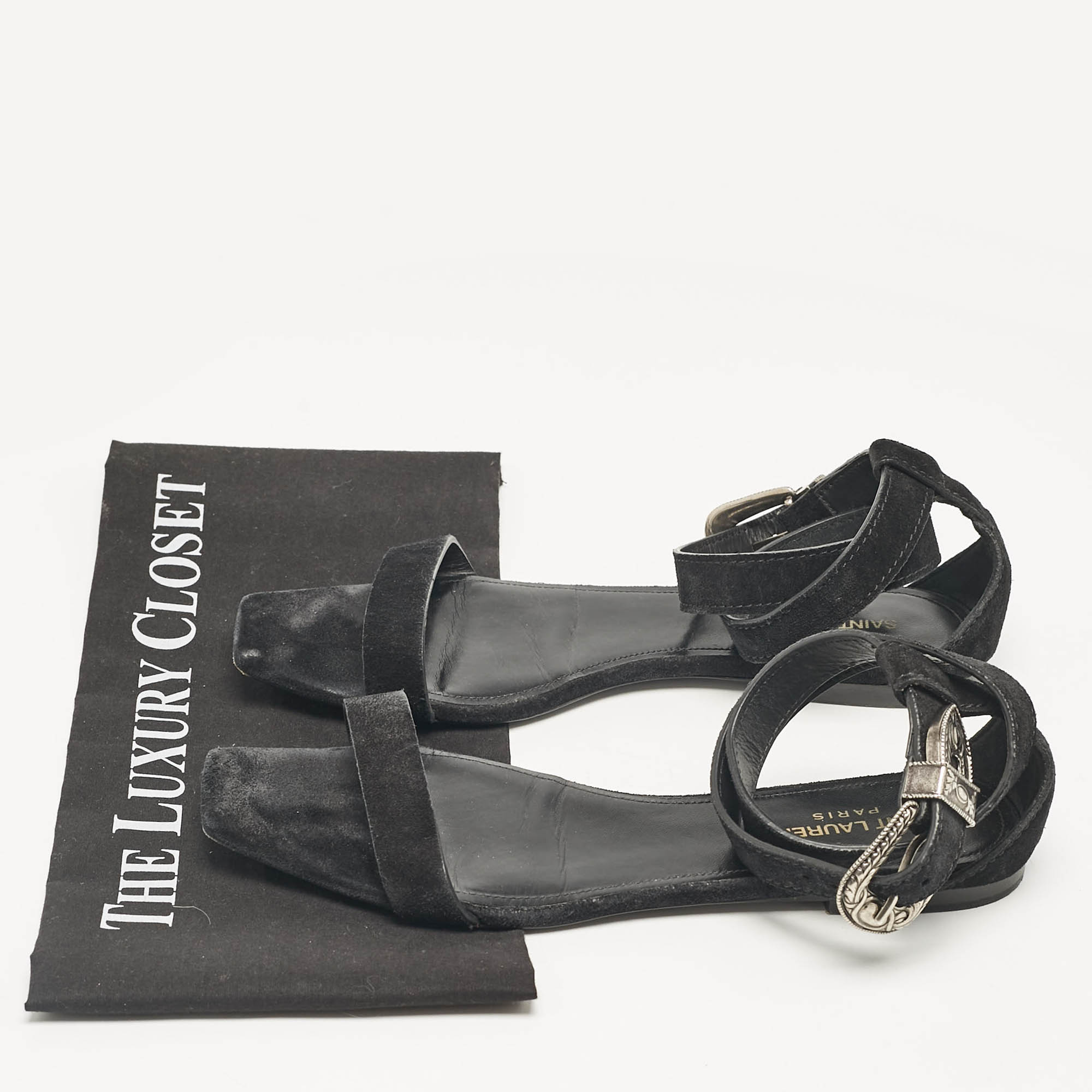 Saint Laurent Black Suede Ankle Strap Flat Sandals Size 39 