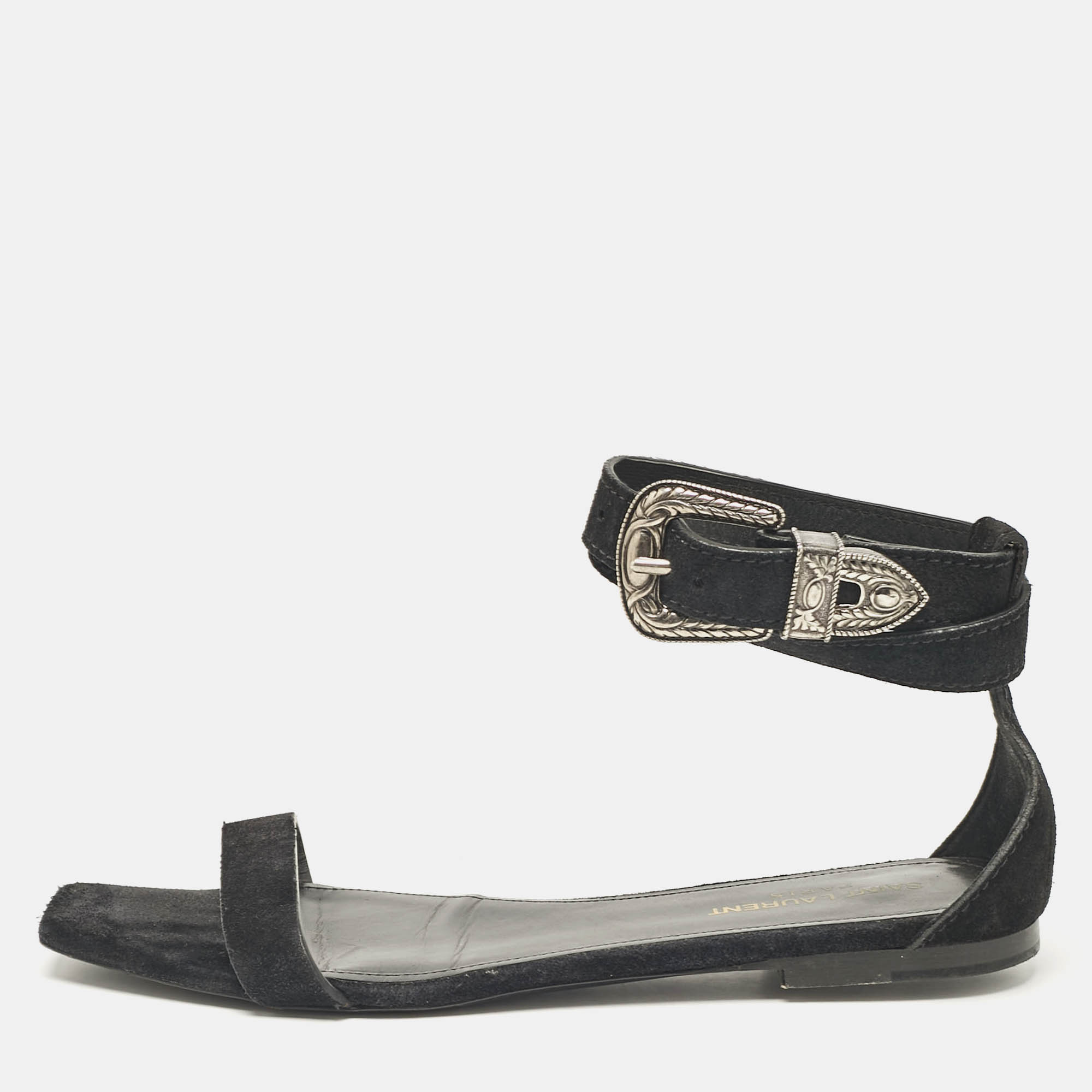 

Saint Laurent Black Suede Ankle Strap Flat Sandals Size