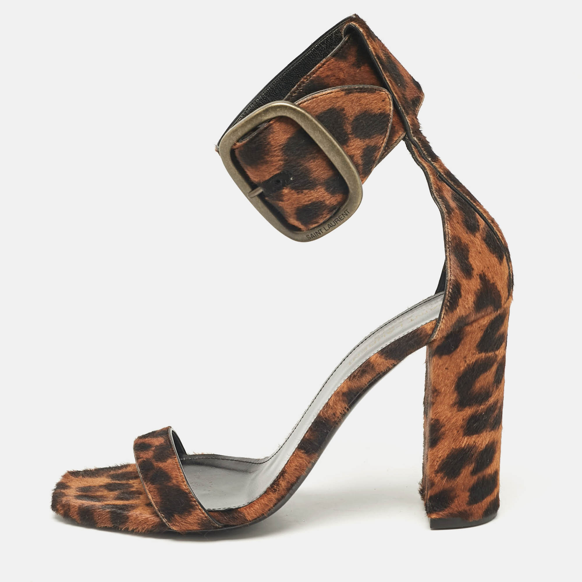 

Saint Laurent Brown Leopard Print Calf Hair Ankle Strap Block Heel Sandals Size