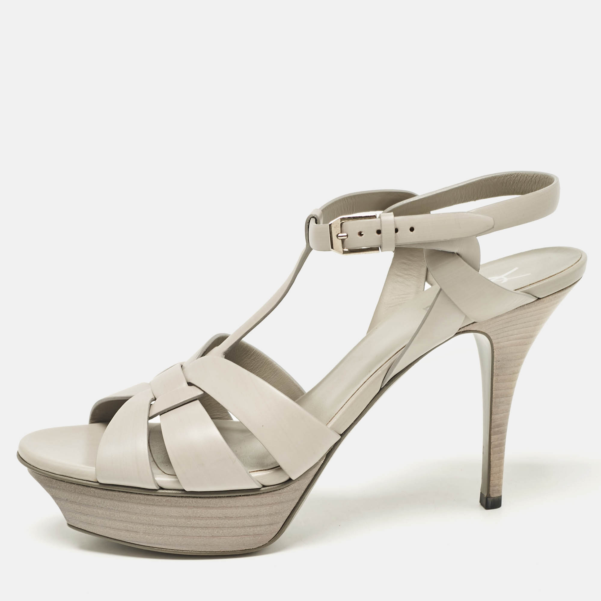 

Saint Laurent Light Grey Leather Tribute Platform Sandals Size