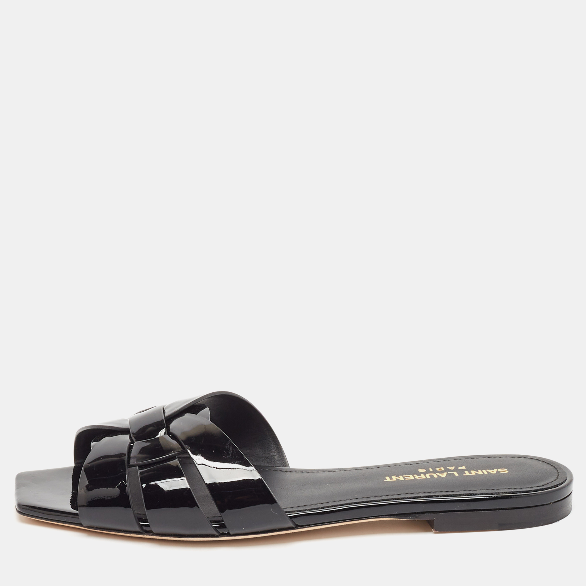 

Saint Laurent Black Patent Leather Tribute Flat Slides Size