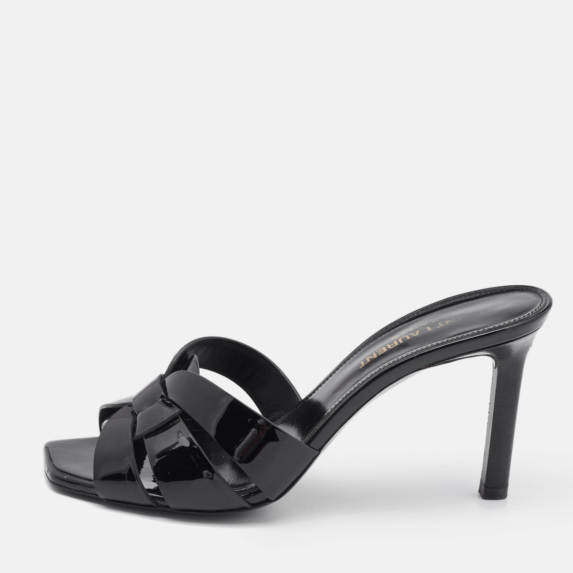 

Saint Laurent Black Patent Leather Tribute Slide Sandals Size