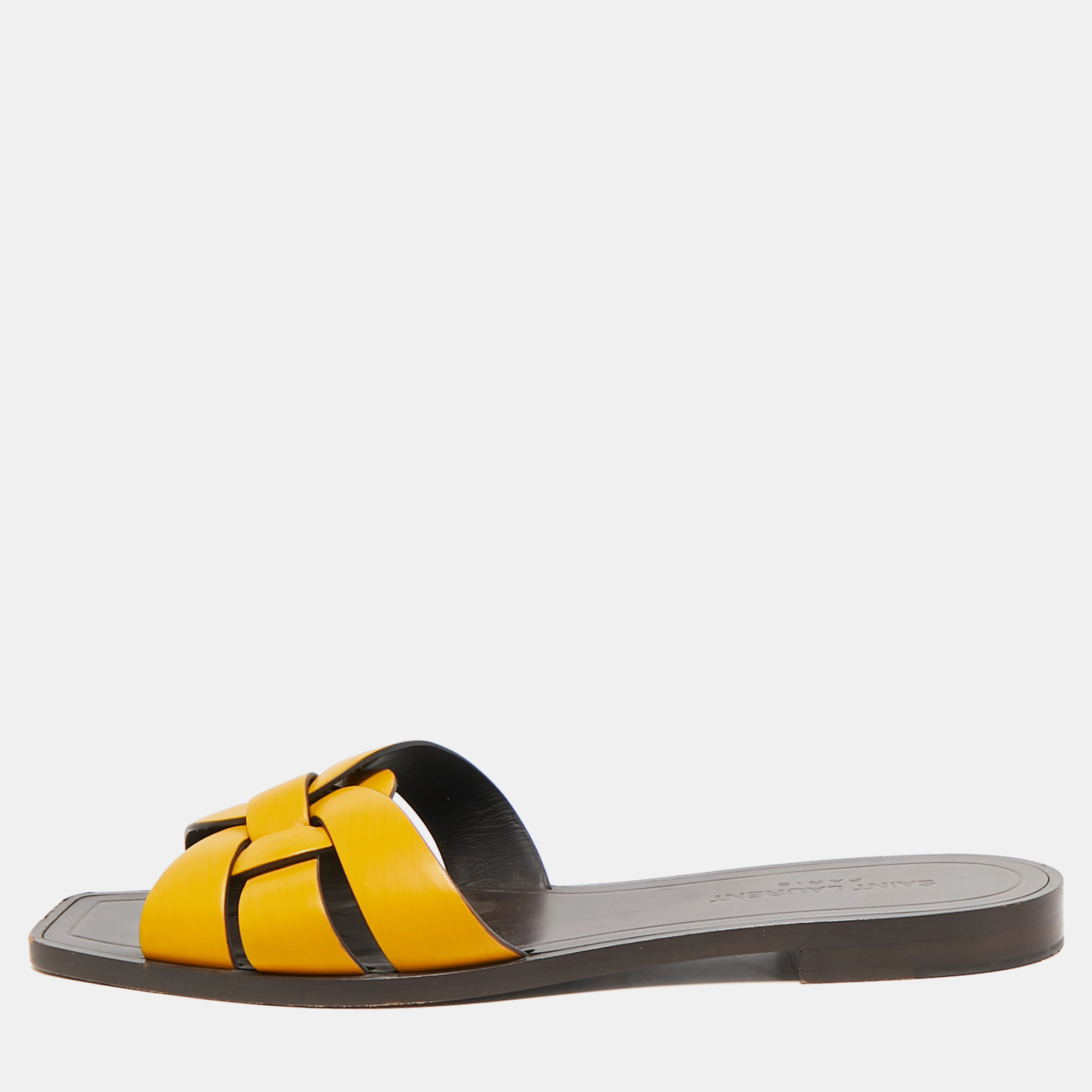 

Saint Laurent Mustard Yellow Leather Tribute Flat Sandals Size