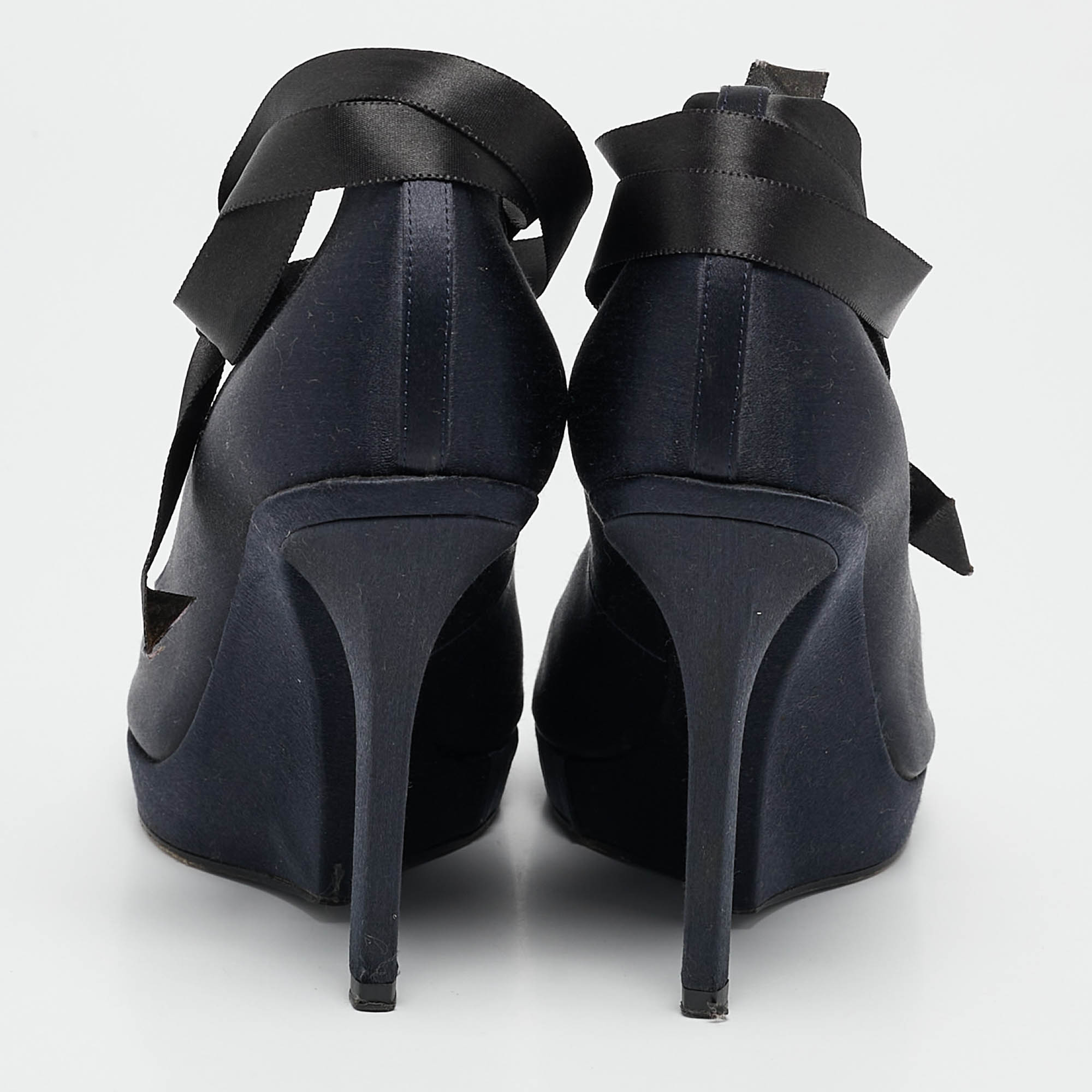 Saint Laurent Navy Blue Satin Open Toe Ankle Wrap Platform Pumps Size 37 