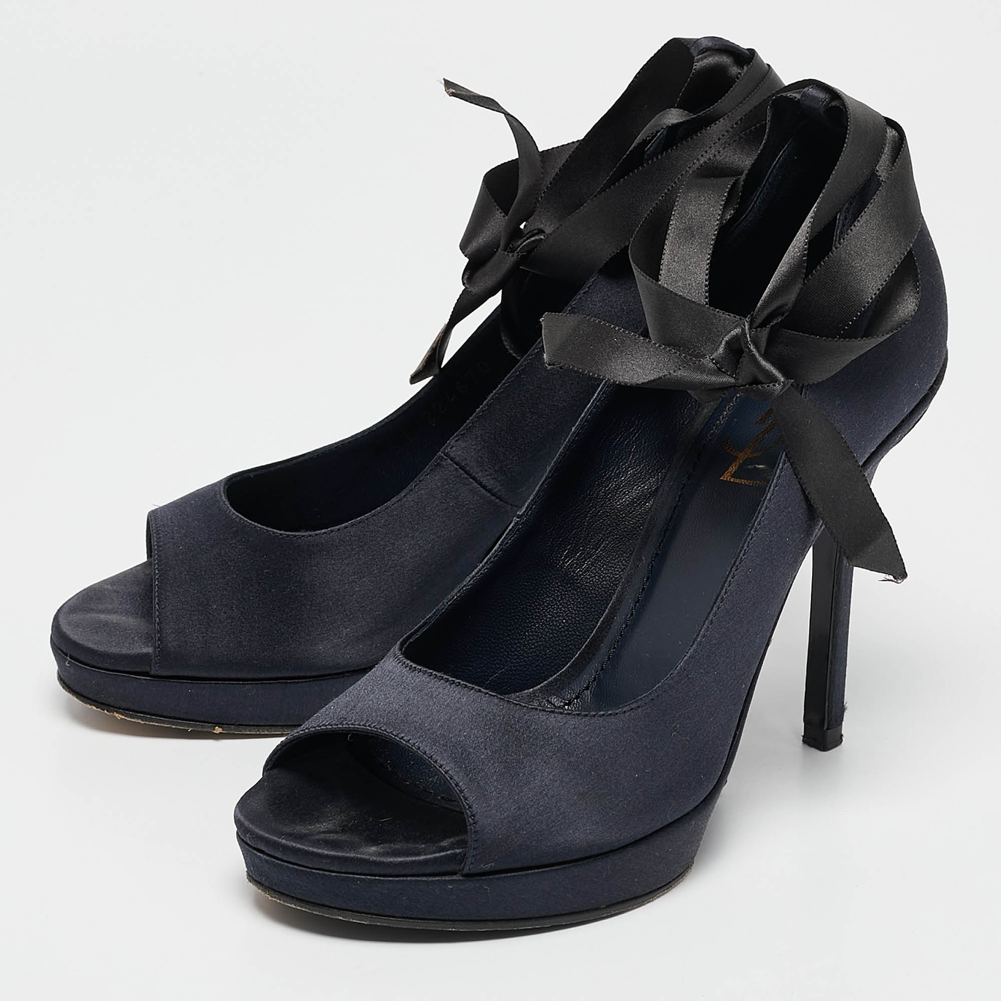 Saint Laurent Navy Blue Satin Open Toe Ankle Wrap Platform Pumps Size 37 