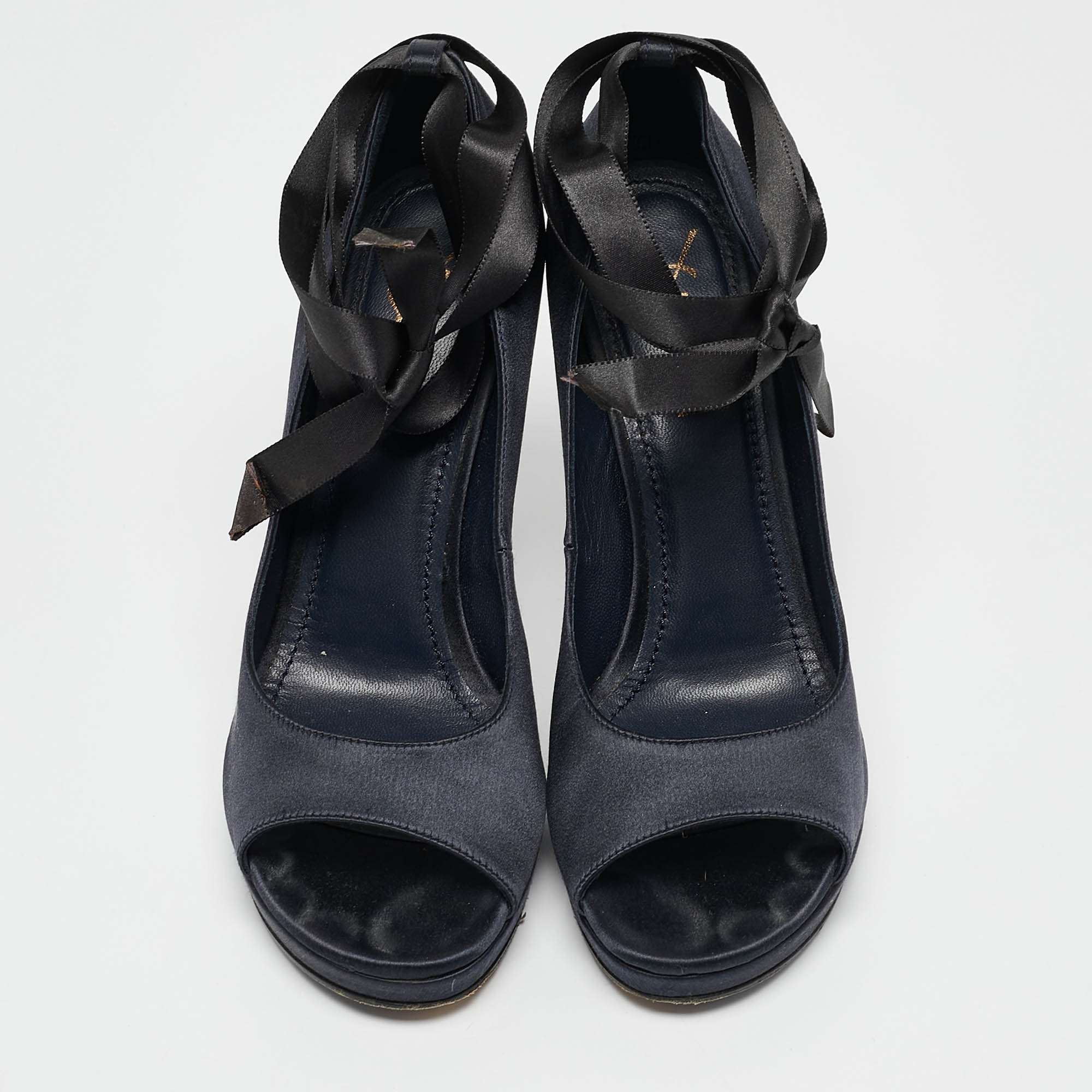 Saint Laurent Navy Blue Satin Open Toe Ankle Wrap Platform Pumps Size 37 