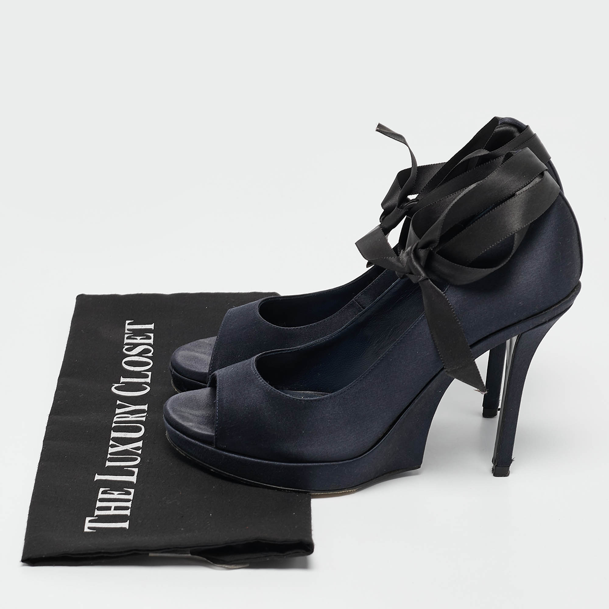 Saint Laurent Navy Blue Satin Open Toe Ankle Wrap Platform Pumps Size 37 