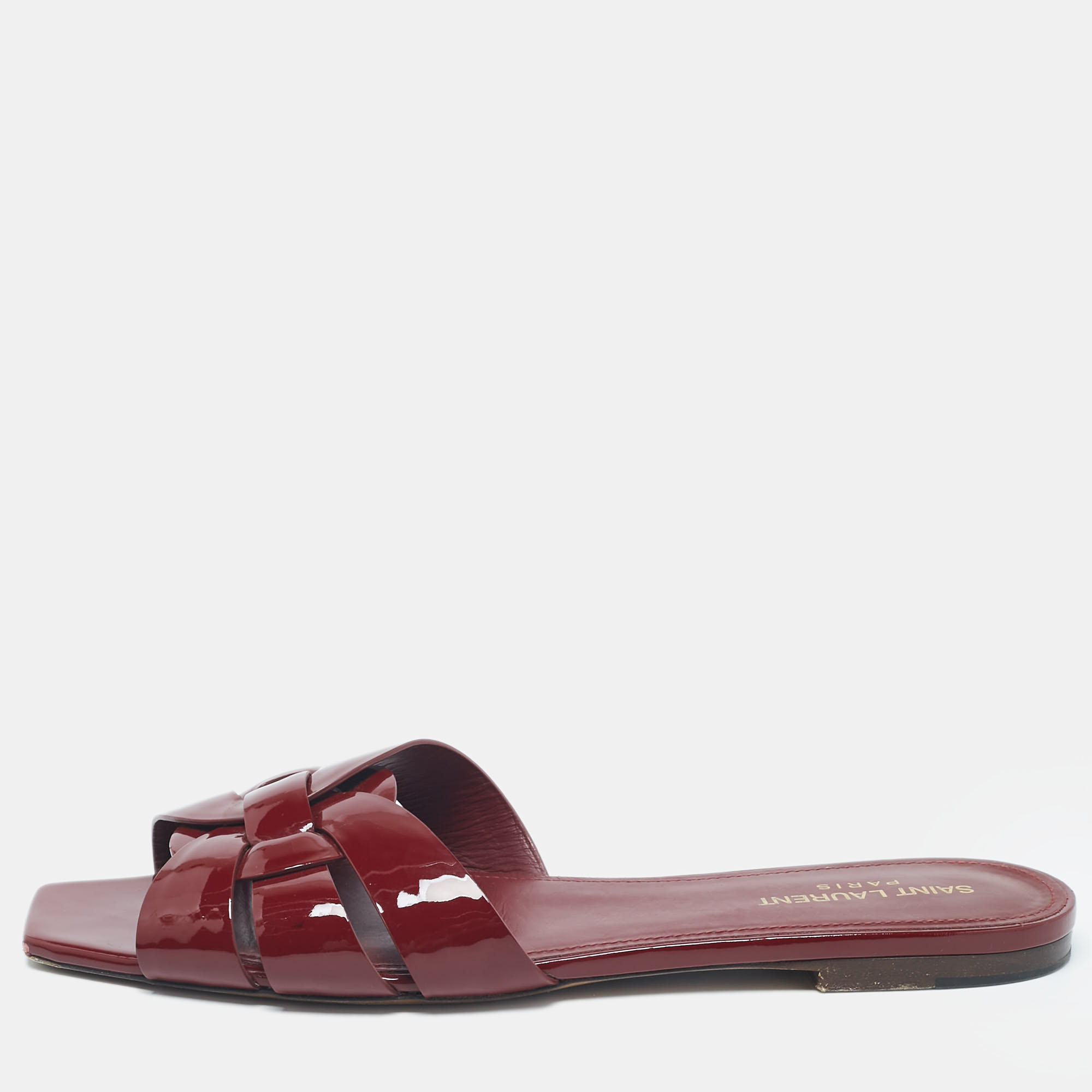 

Saint Laurent Burgundy Patent Leather Tribute Flat Slides Size