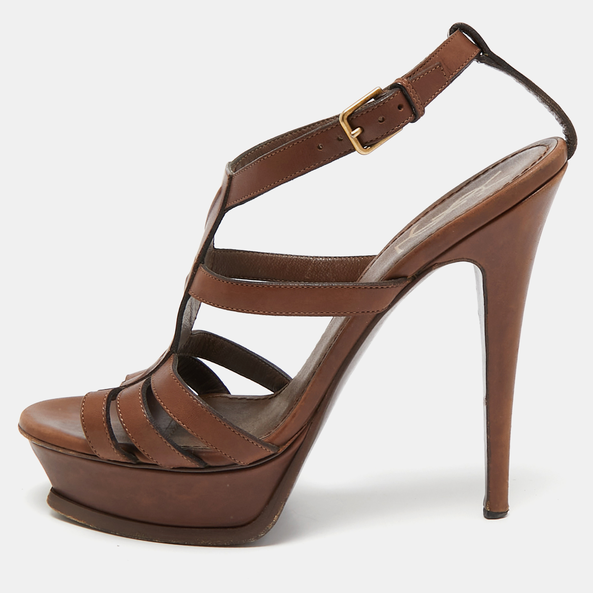 

Yves Saint Laurent Brown Leather Tribute Platform Sandals Size