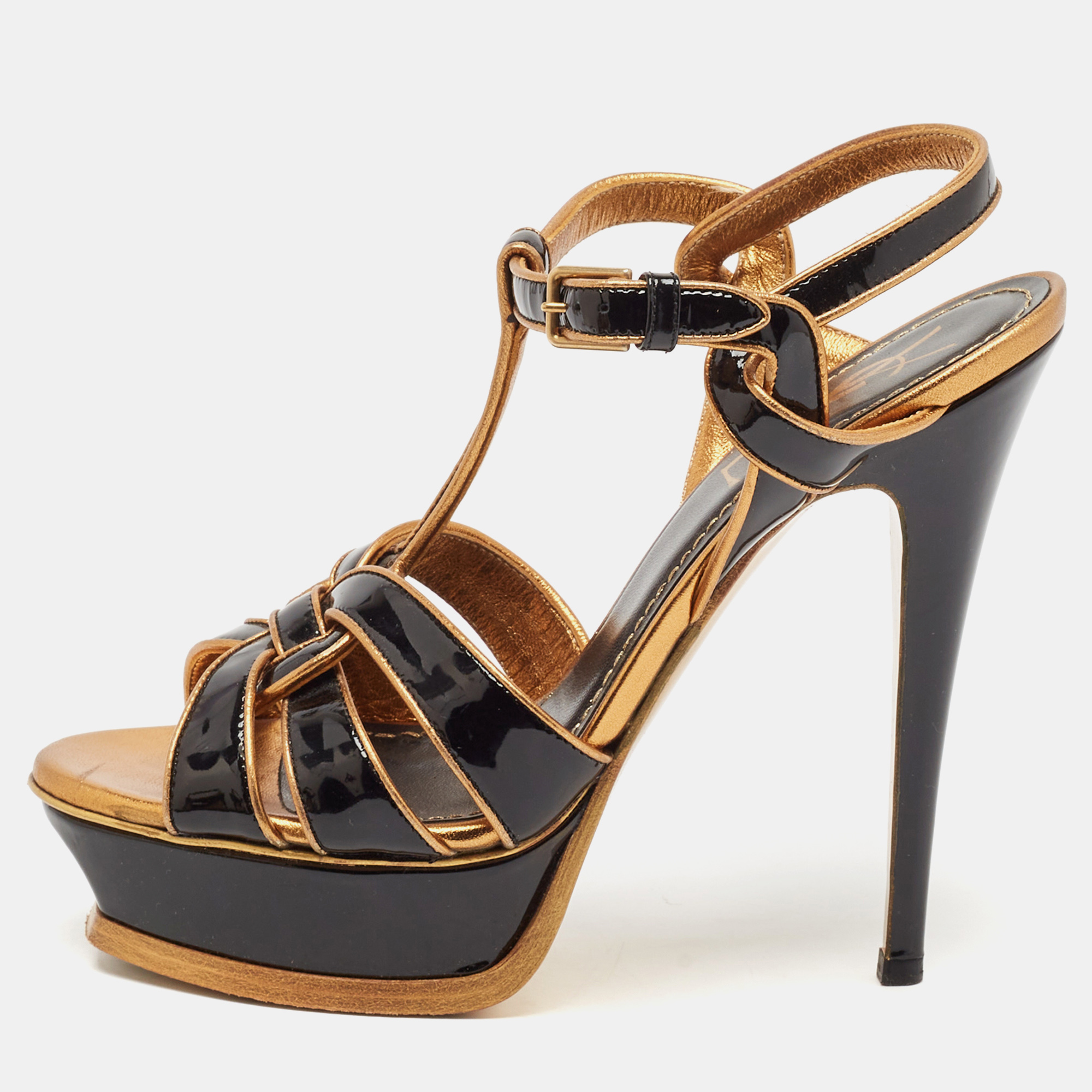 

Yves Saint Laurent Black/Gold Patent and Leather Tribute Sandals Size