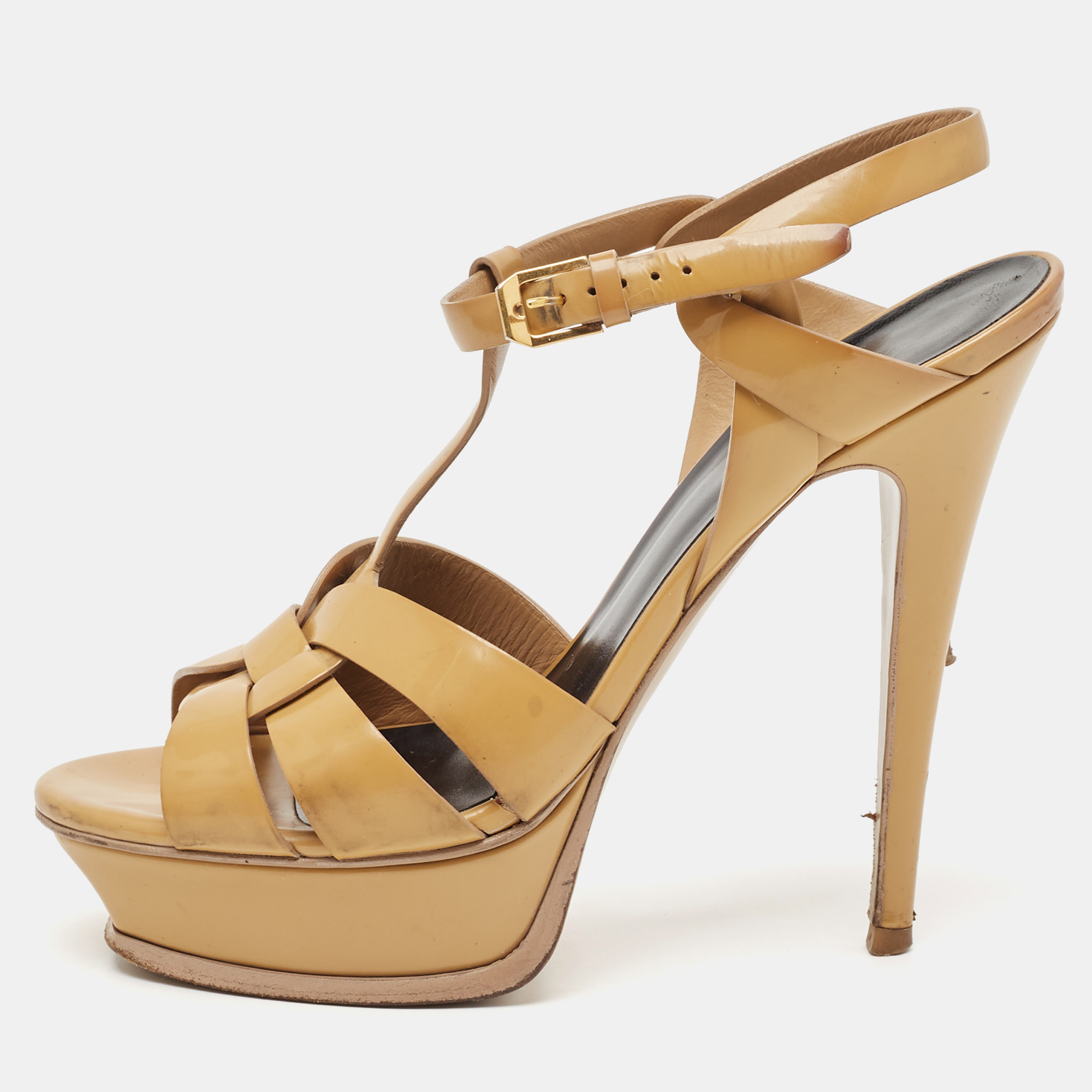 

Saint Laurent Beige Patent Leather Tribute Platform Sandals Size