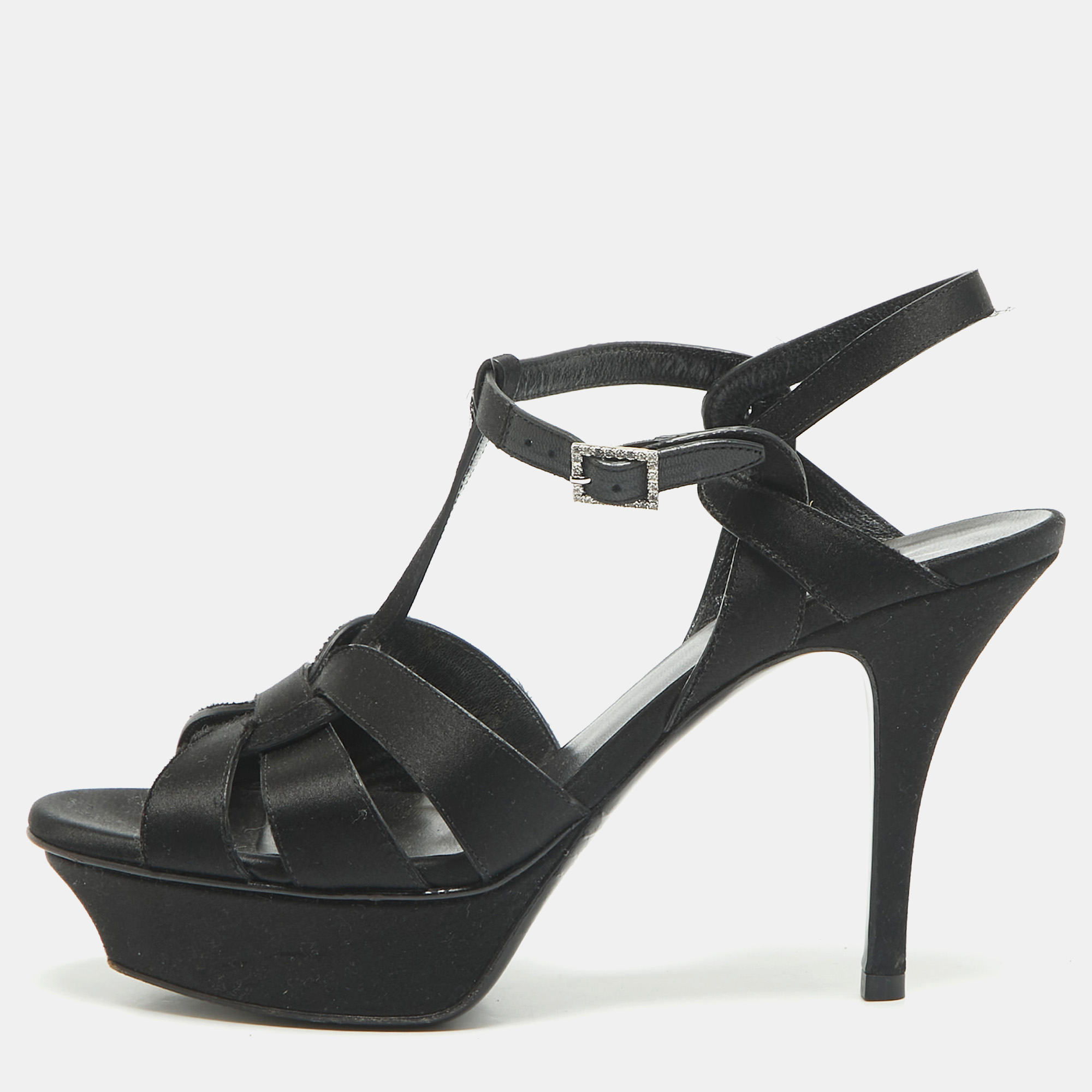 

Saint Laurent Black Satin Tribute Ankle Strap Platform Sandals Size